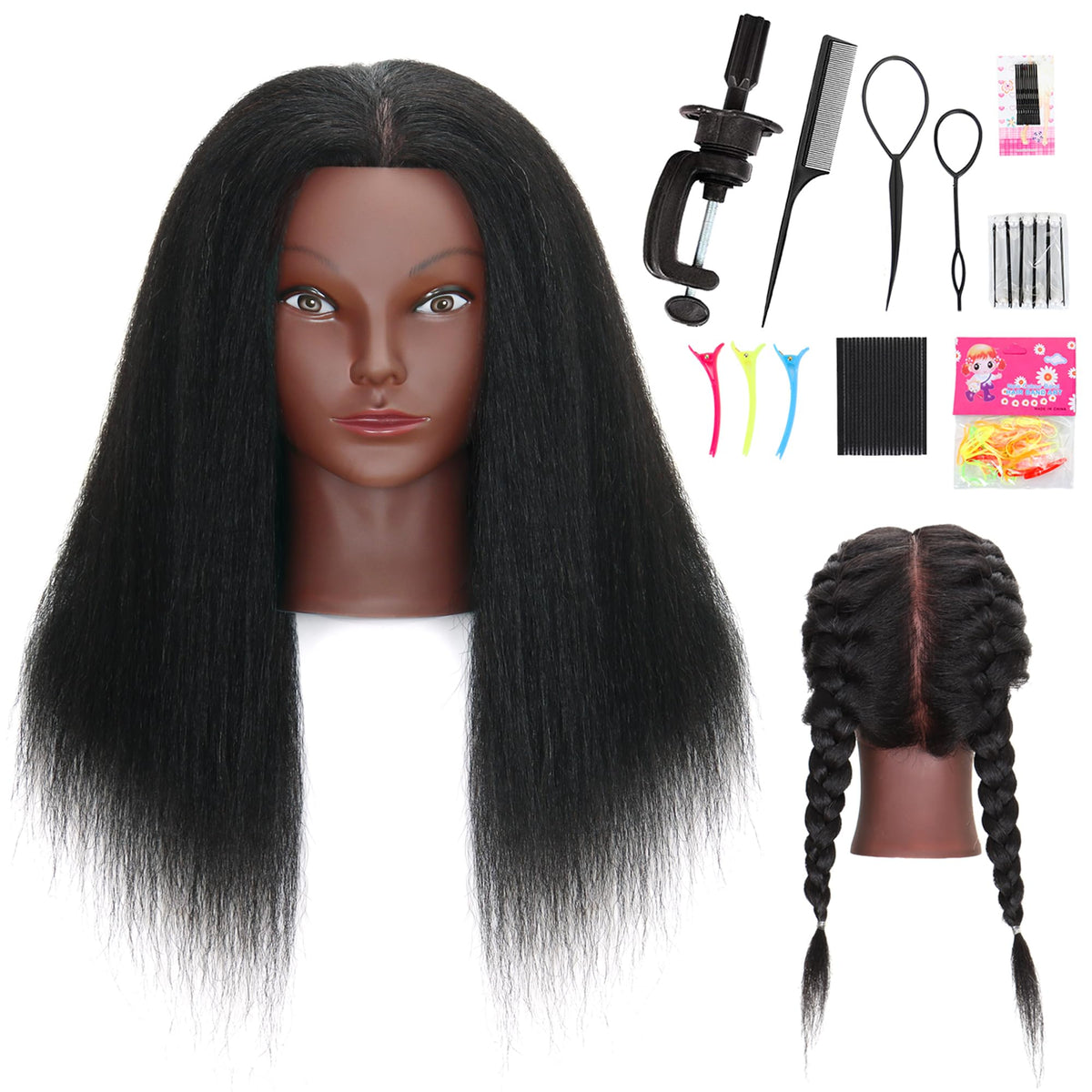 MannequeenHead real-hair head for braiding practice with lifelike texture.