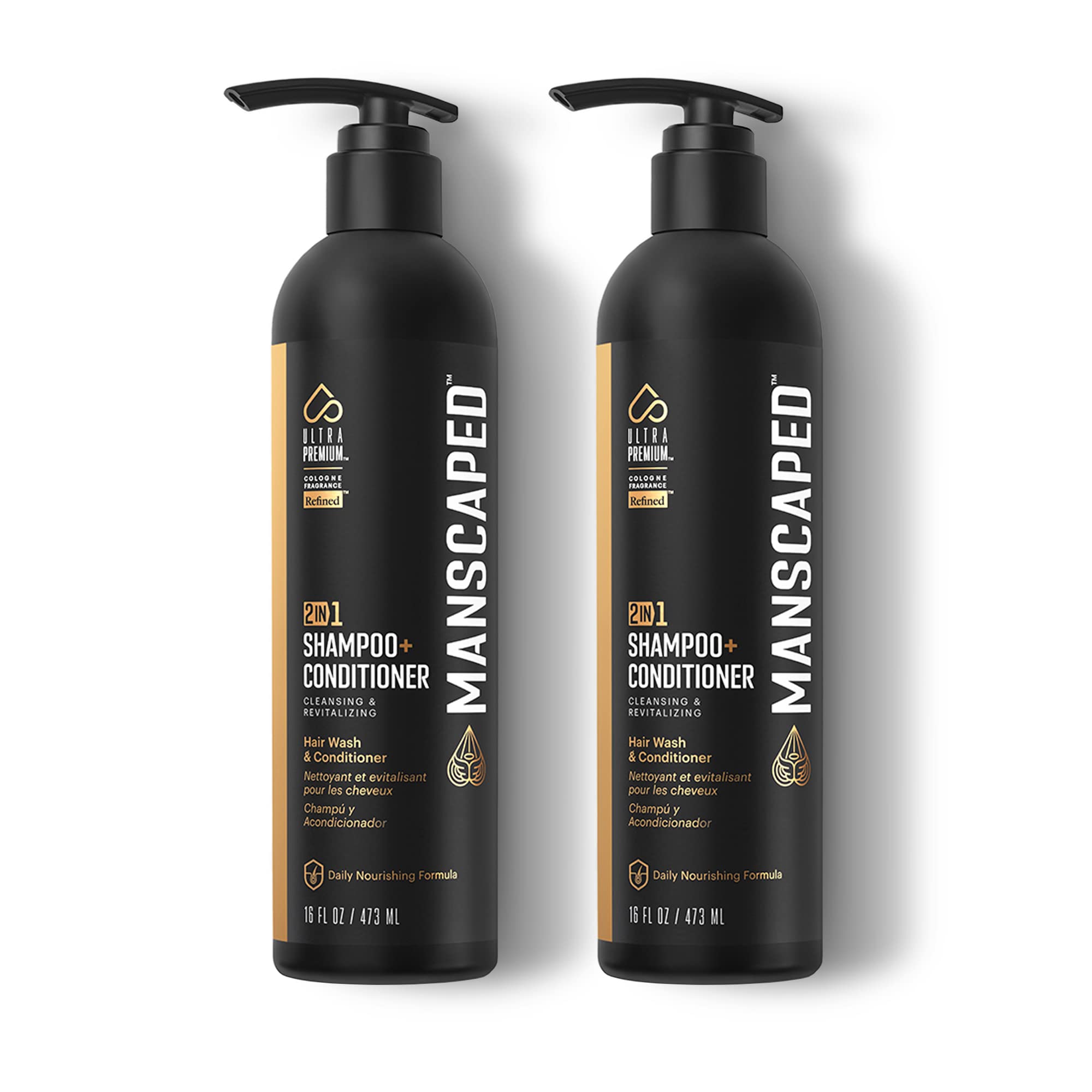 MANSCAPED 2-in-1 shampoo-conditioner bottle, UltraPremium hydration.