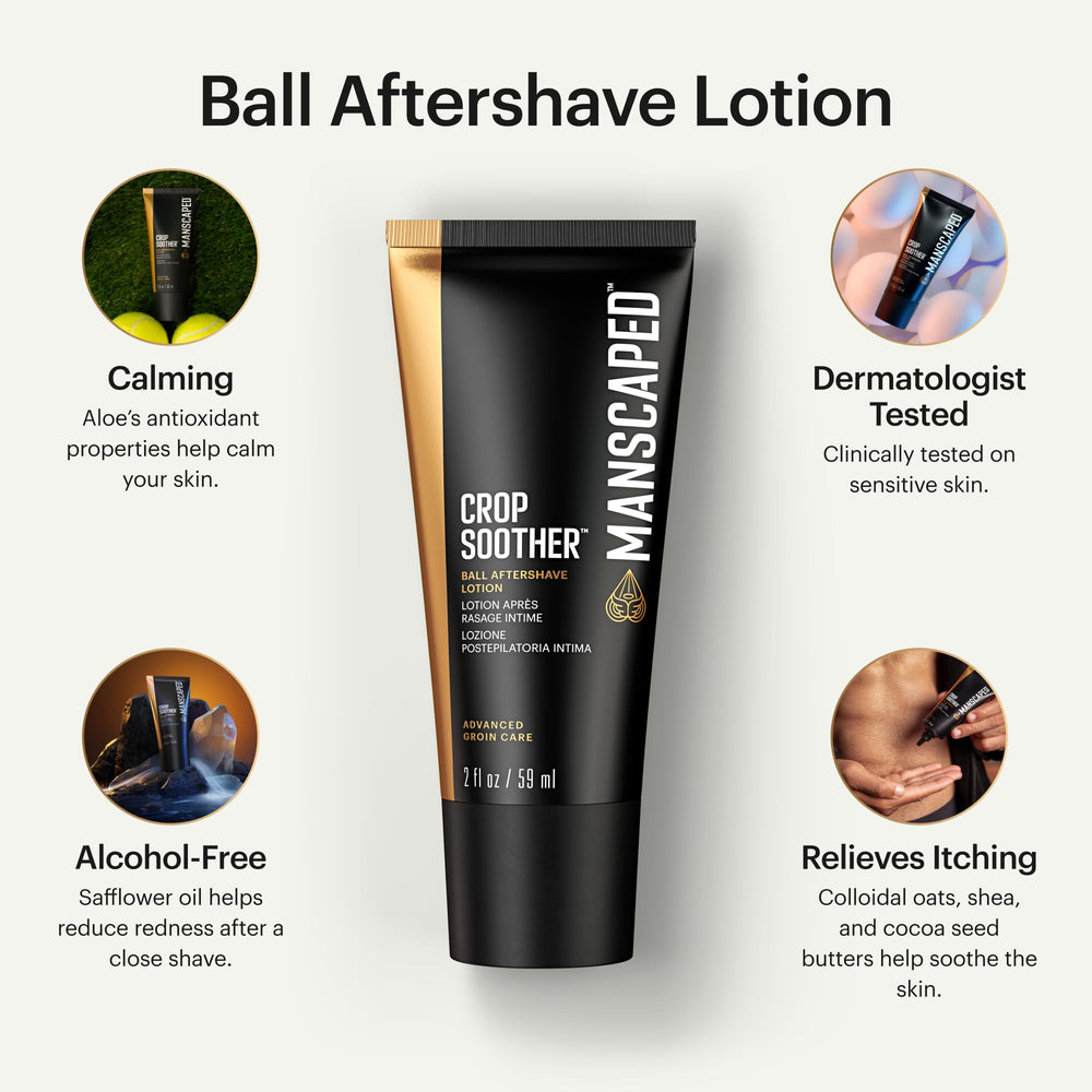 MANSCAPED Crop Soother bottle back highlights alcohol-free formula and soothing ingredients.