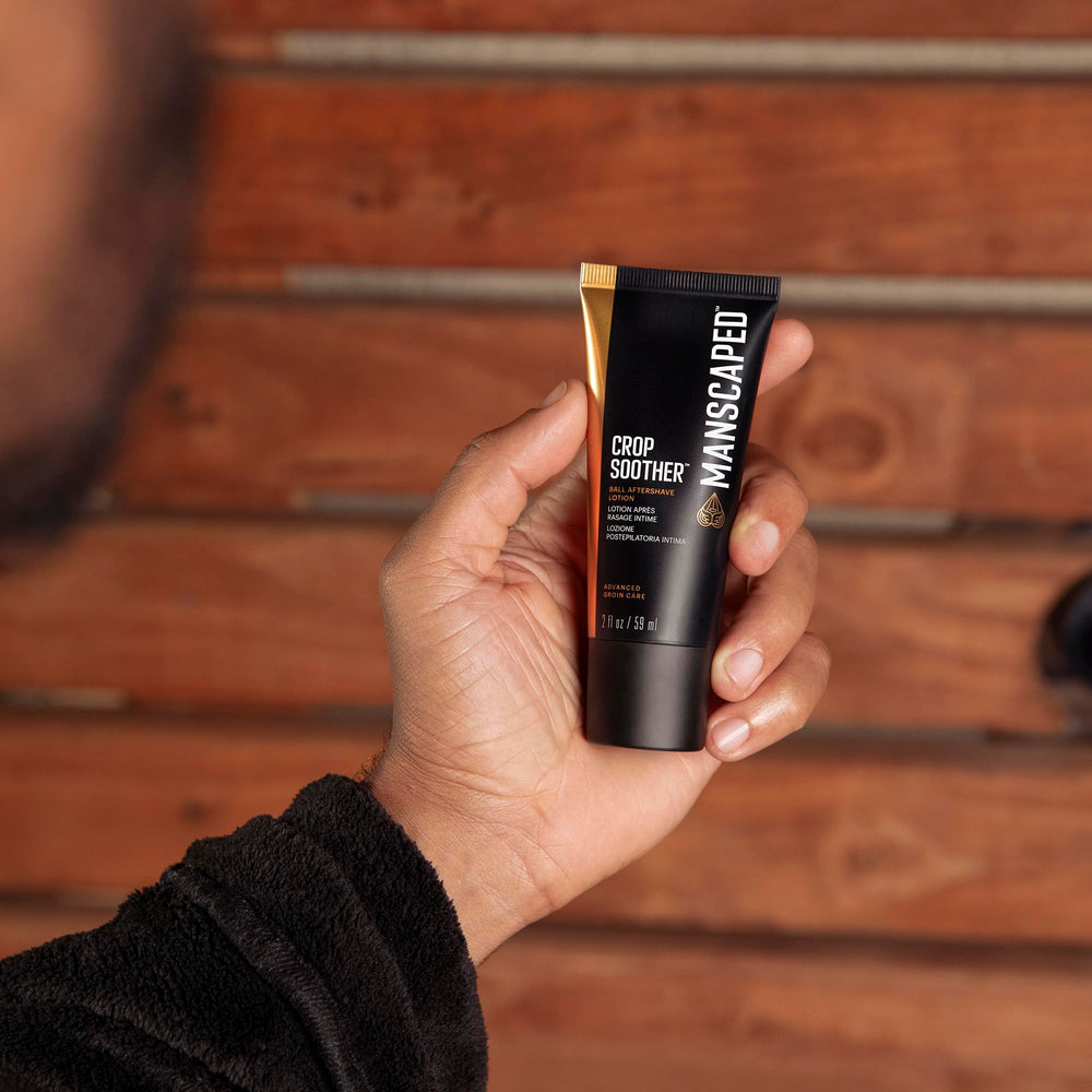 MANSCAPED Crop Soother cream texture close-up suggests light, non-greasy hydration.