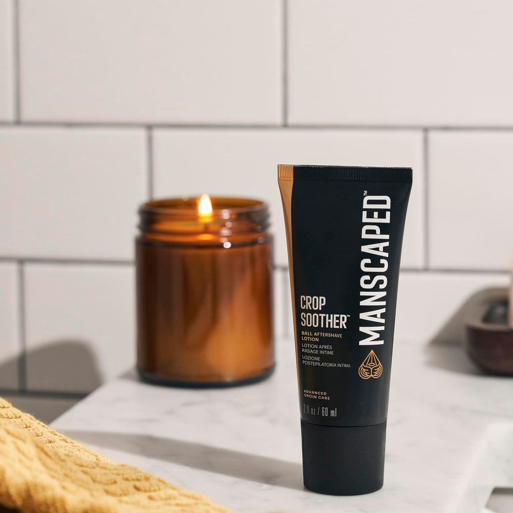 MANSCAPED Crop Soother ingredients swirl emphasizes aloe and oats for calm skin.