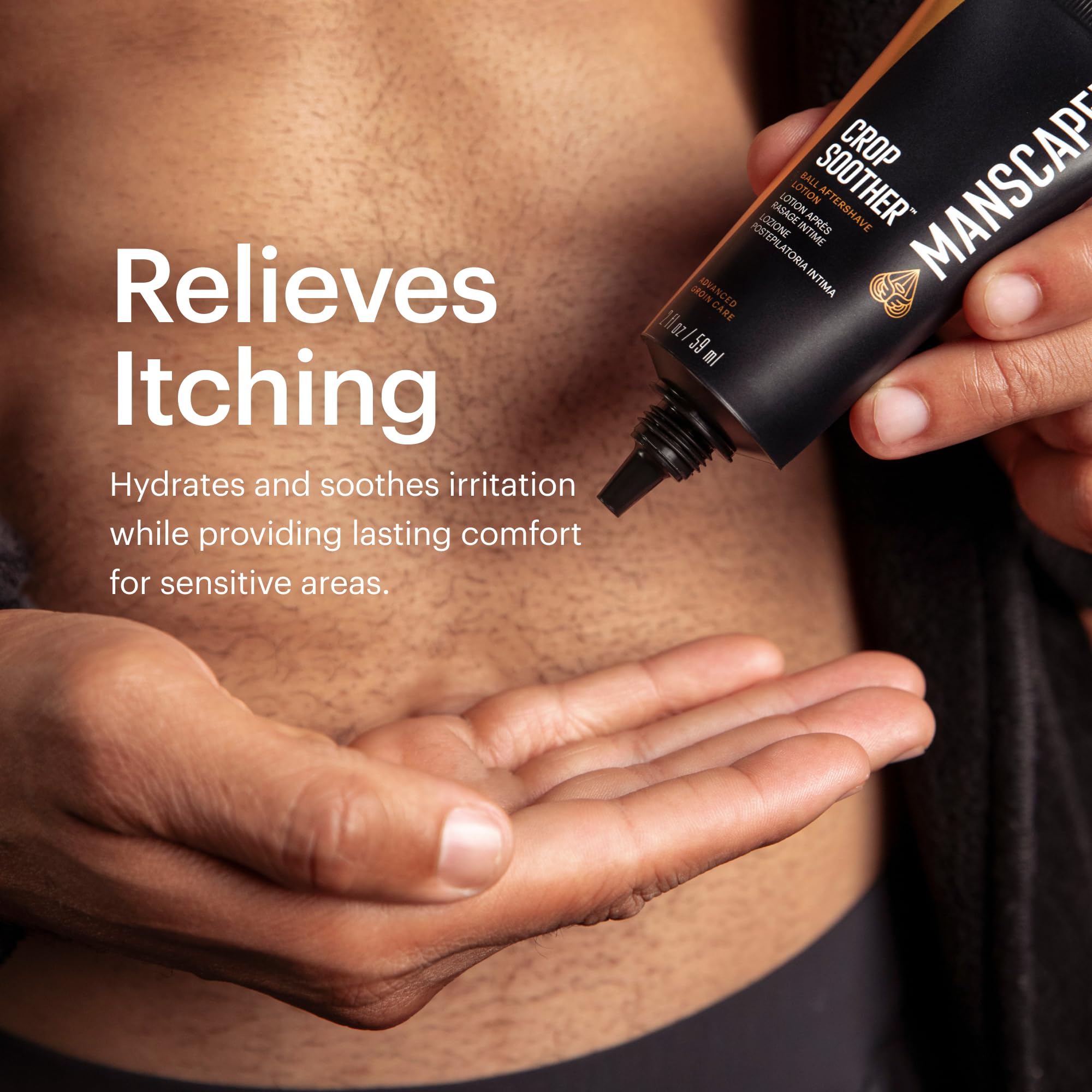 MANSCAPED Crop Soother shea cocoa butter visuals emphasize lasting moisture.