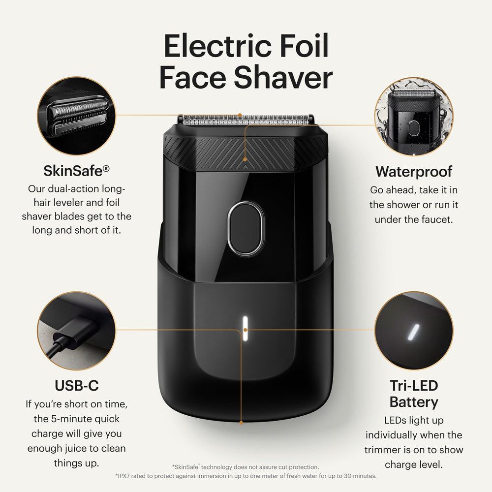 MANSCAPED Handyman travel-size razor in hand shows portable design for quick touch-ups.