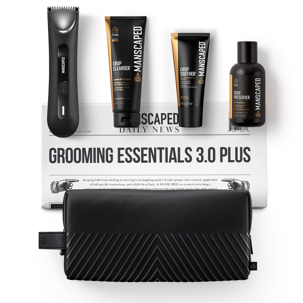 MANSCAPED Lawn Mower 3.0 Plus close-up shows SkinSafe blade for precise grooming.