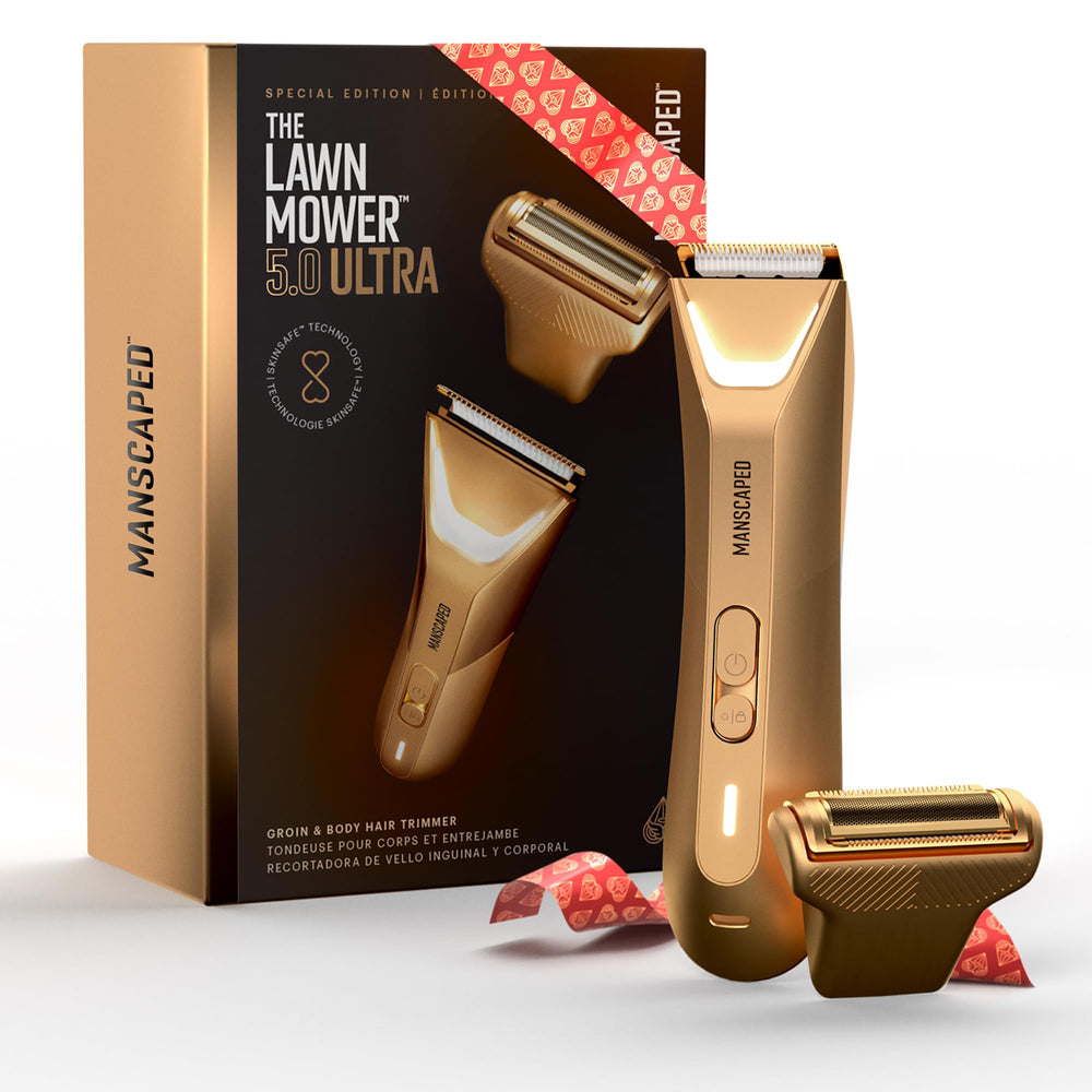 MANSCAPED Lawn Mower 5.0 Ultra dual-head trimmer in forged gold for precise grooming.