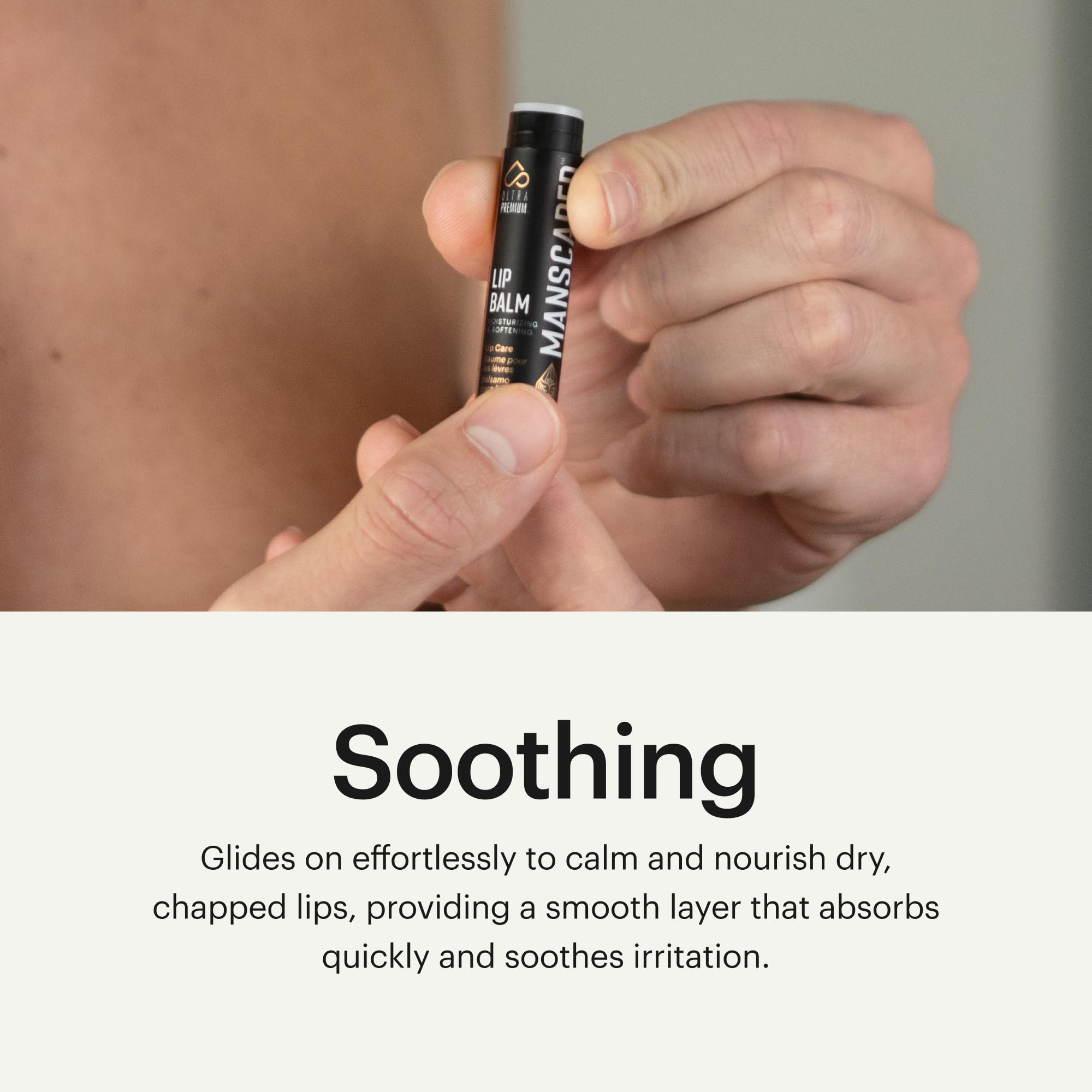 MANSCAPED lip balm application on lips for soft hydration.