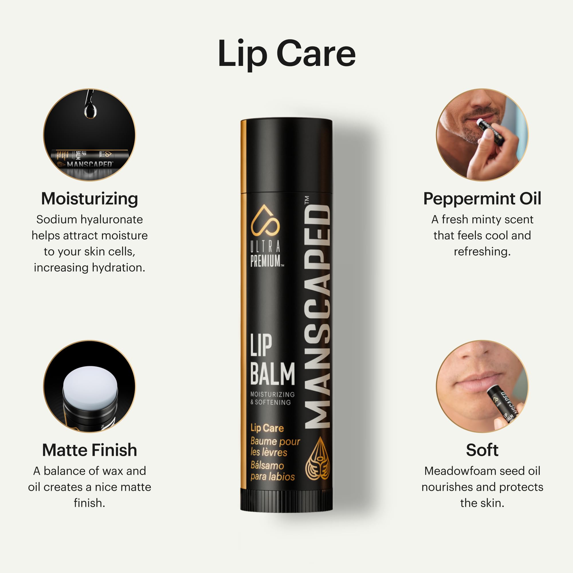MANSCAPED lip balm matte-finish closeup shows subtle hydration.