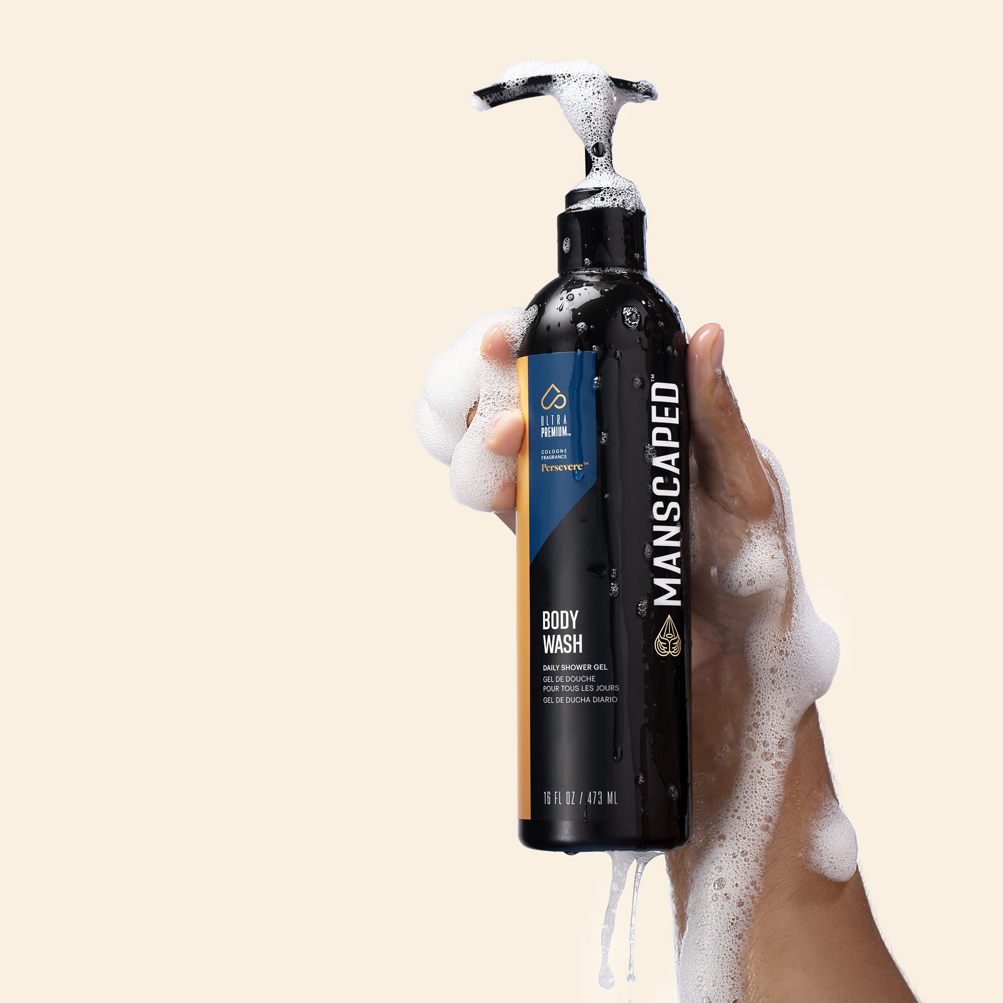 MANSCAPED Persevere body wash on shower scene supports balanced skin and invigorating scent.