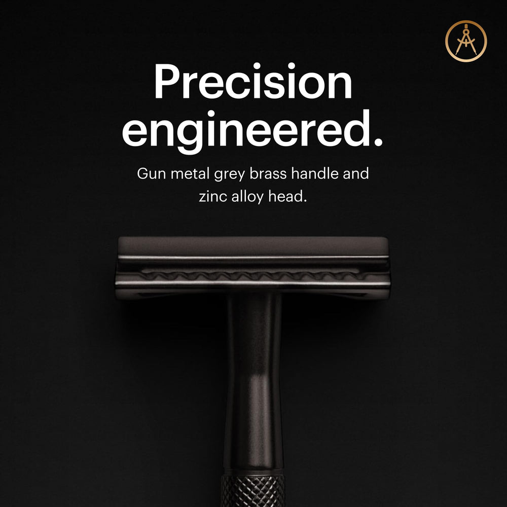 MANSCAPED The Plow 2.0 brass handle close-up highlights craft quality.