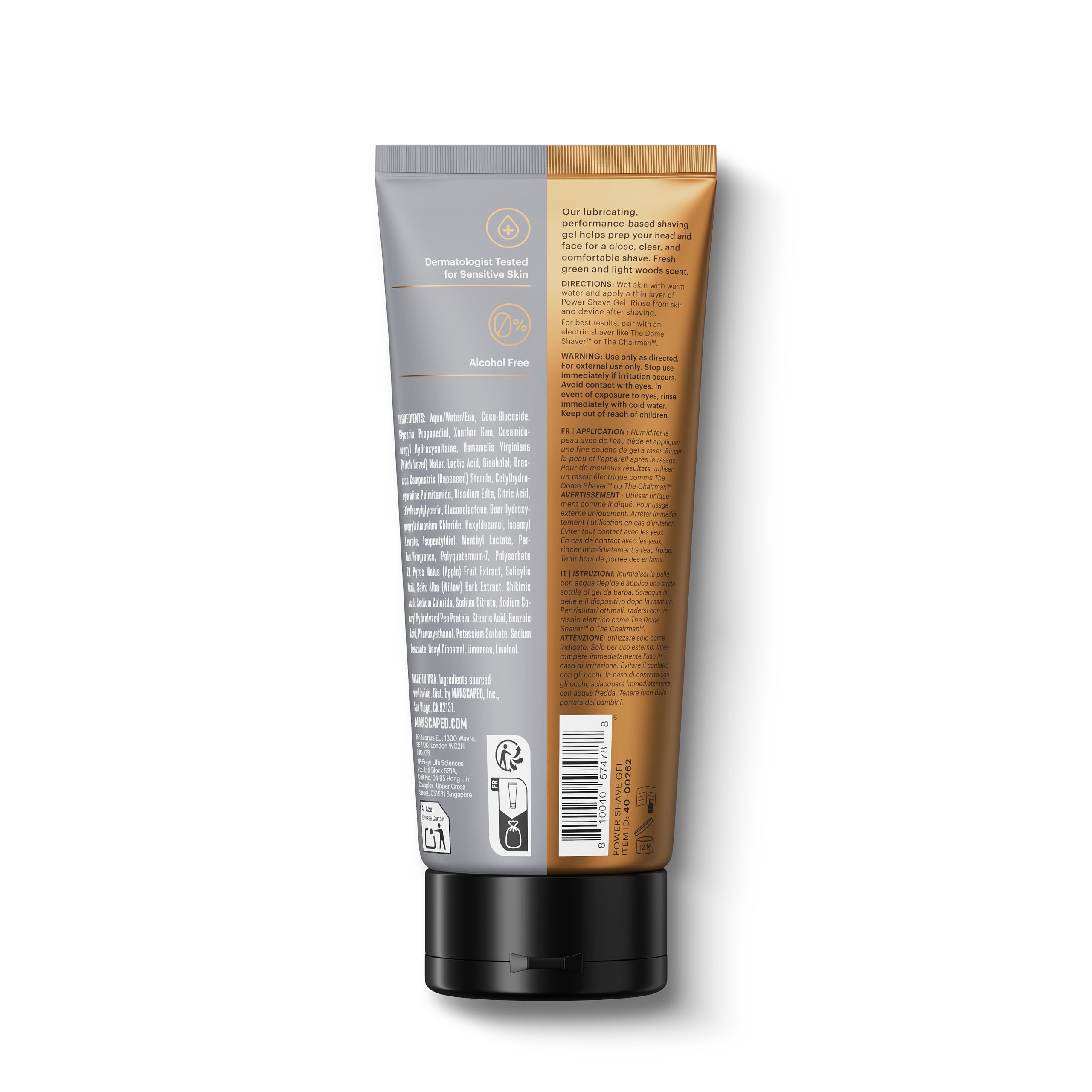 MANSCAPED Power Shave Gel 6 oz bottle shows convenient size for daily shave.