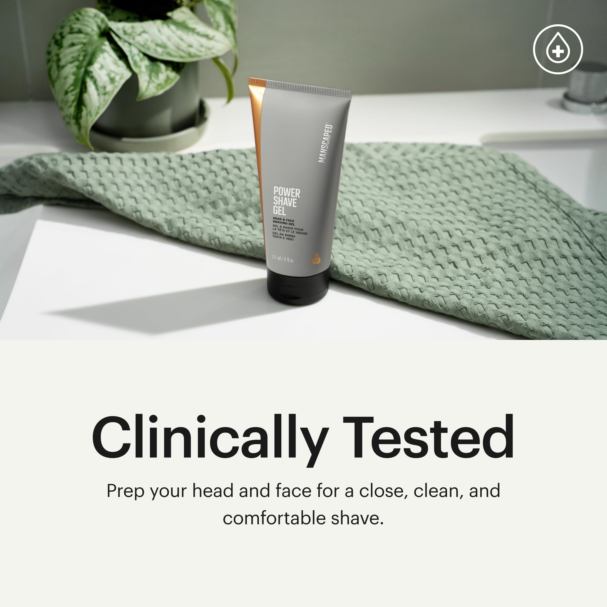MANSCAPED Power Shave Gel on hand applying for close, smooth shave.