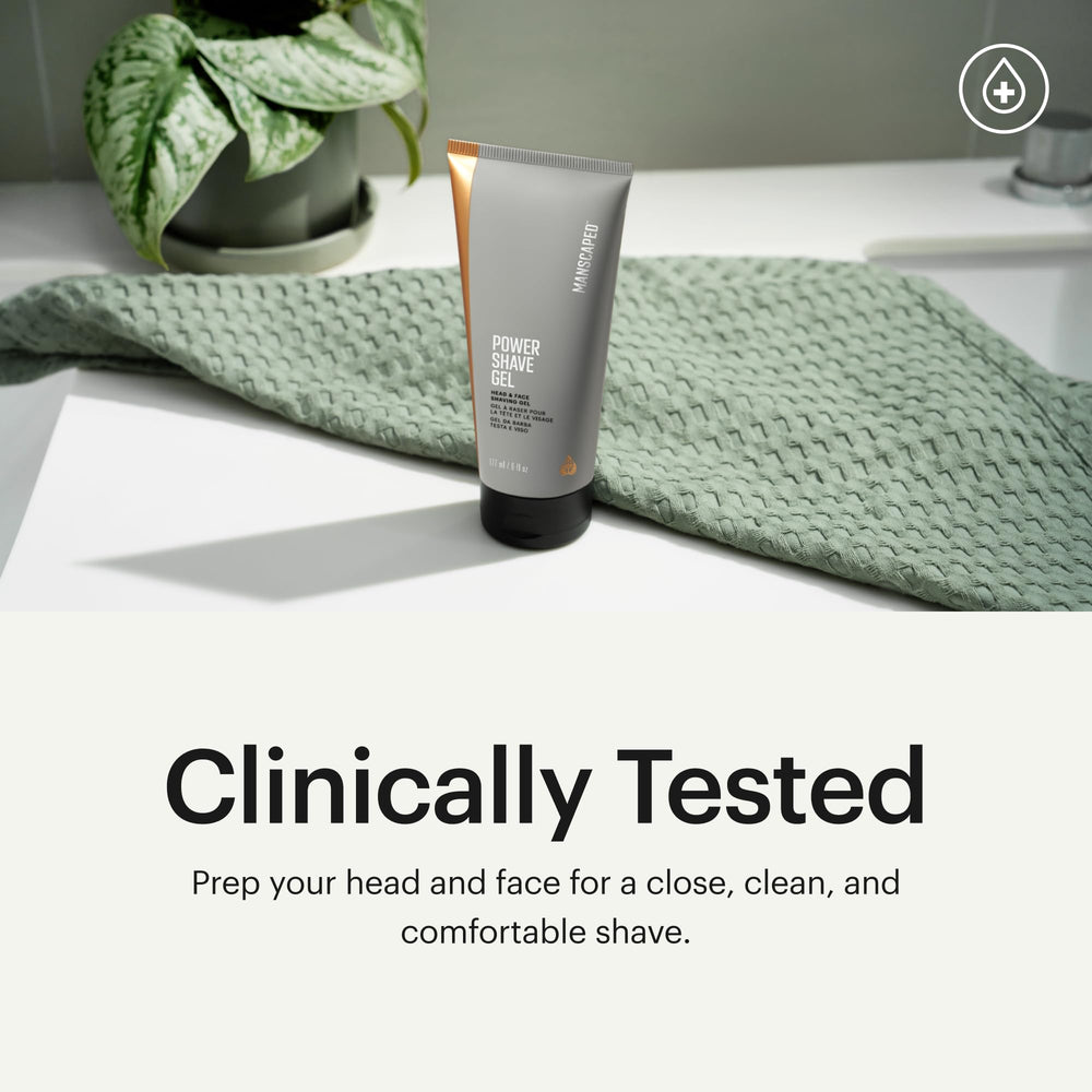 MANSCAPED Power Shave Gel on hand applying for close, smooth shave.