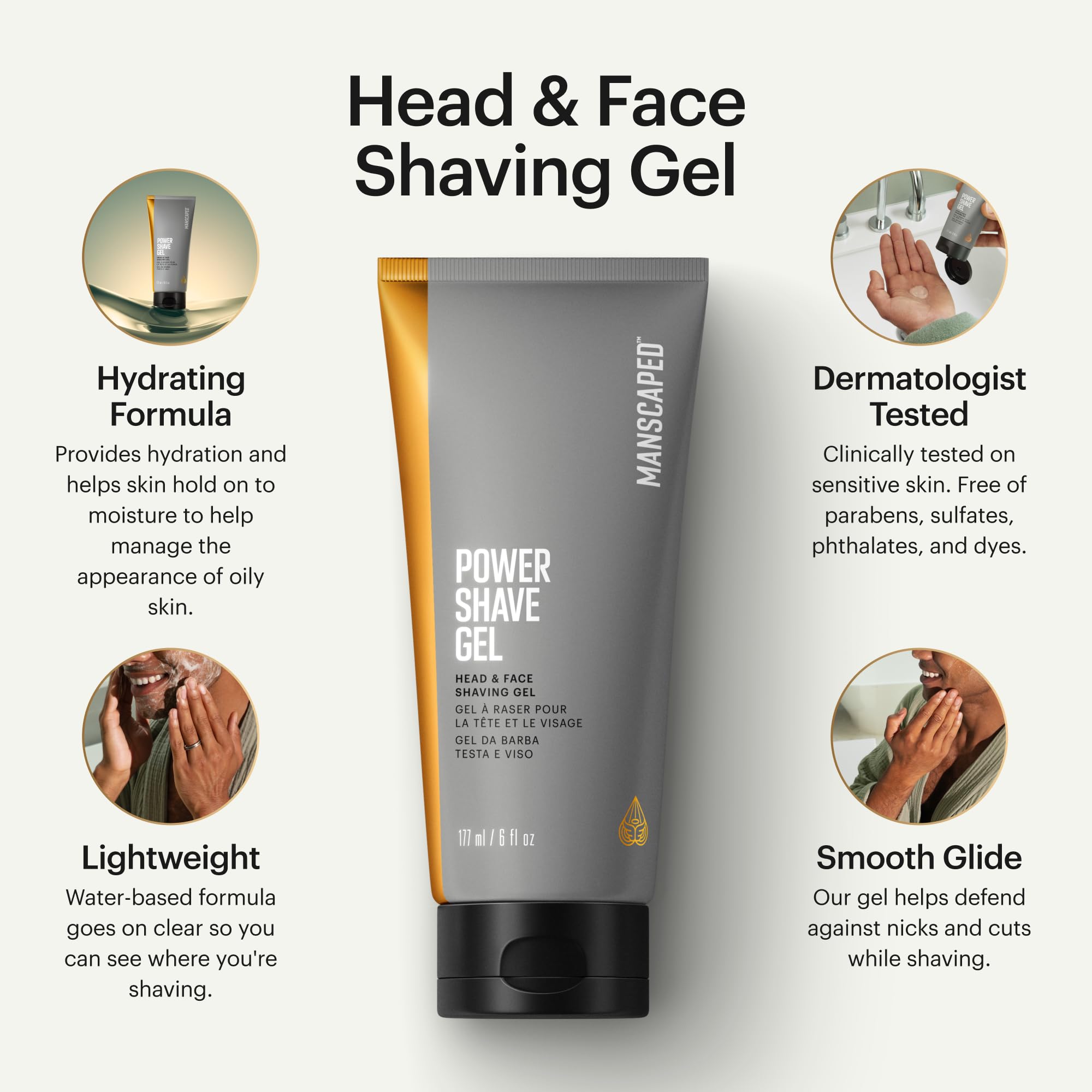 MANSCAPED Power Shave Gel bottle closeup emphasizing witch hazel for irritation defense.