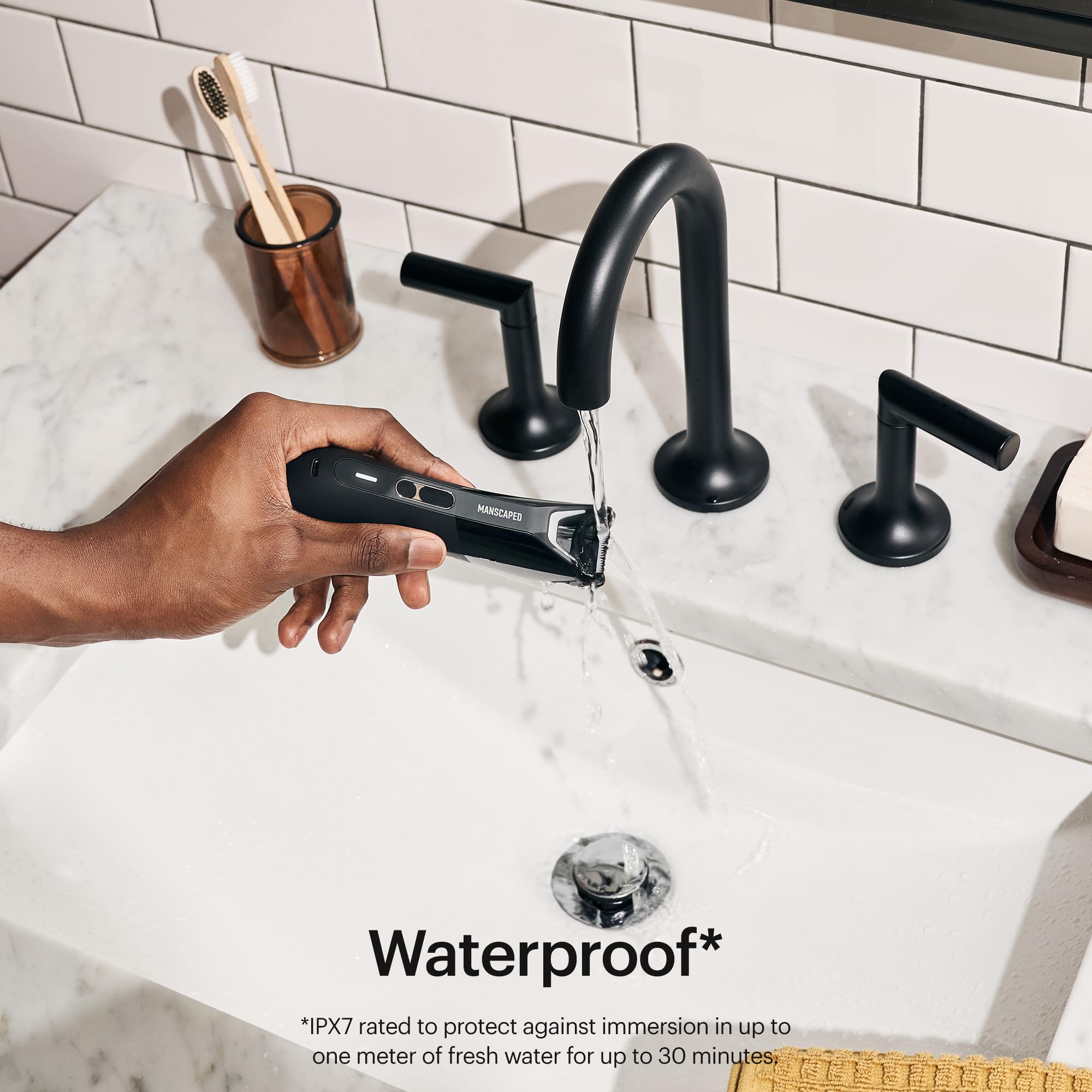 MANSCAPED Crop Soother in-use with soothing aloe and oats for post-shave relief.