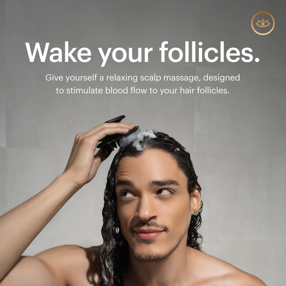 MANSCAPED Scalp Buffer in-shower-use illustrates easy wet scrubbing for scalp care.