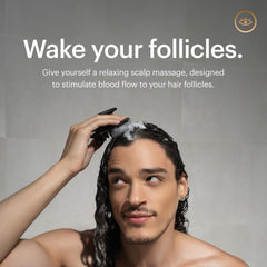 MANSCAPED Scalp Buffer in-shower-use illustrates easy wet scrubbing for scalp care.