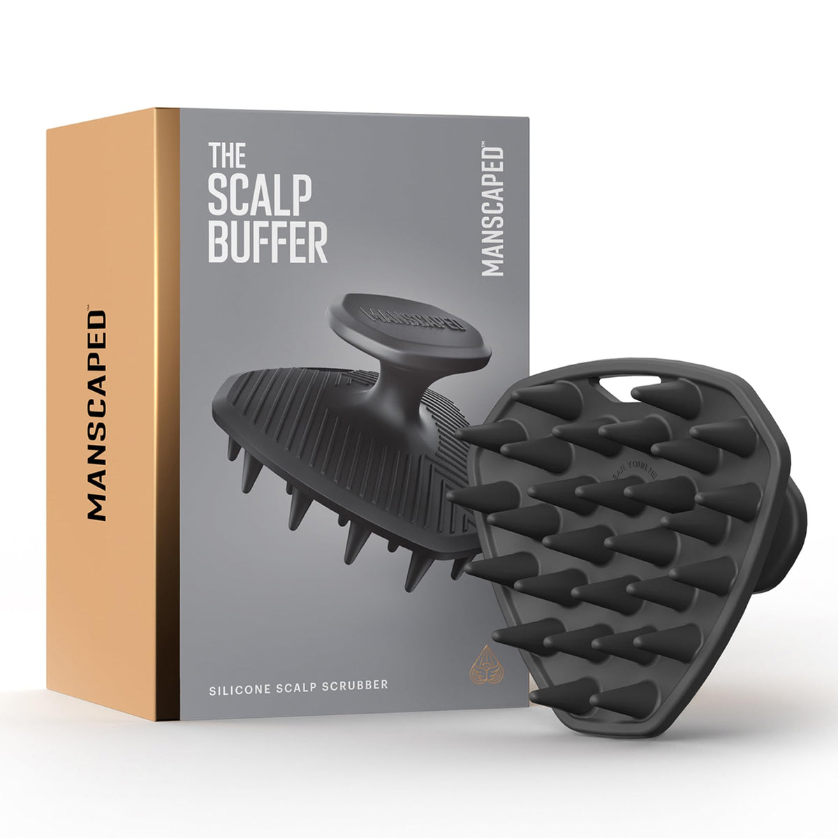 MANSCAPED Scalp Buffer packaging shows compact, travel-friendly design for cleansing on the go.