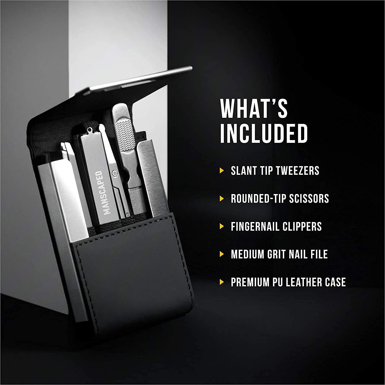 MANSCAPED Shears 2.0 compact-case detail highlights premium PU leather.