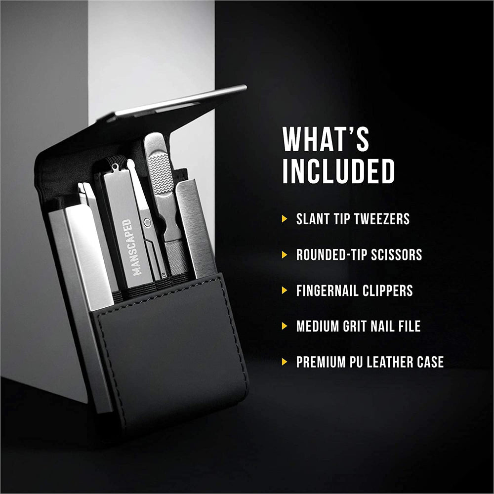 MANSCAPED Shears 2.0 compact-case detail highlights premium PU leather.