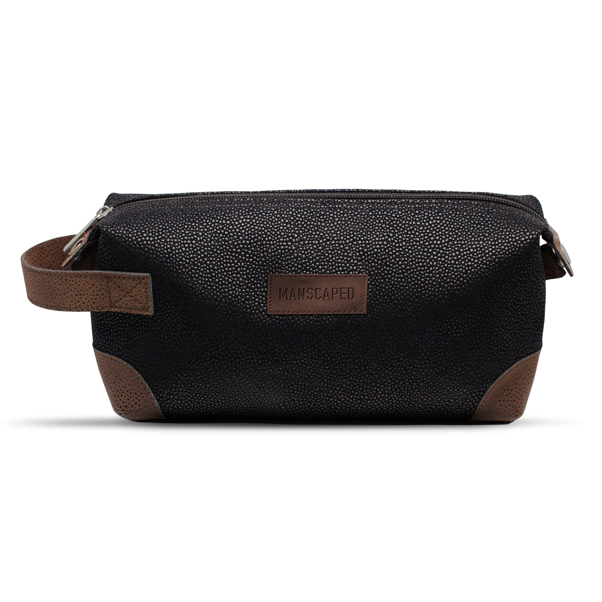 MANSCAPED Shed bag front view with durable PU leather for organized travel gear.