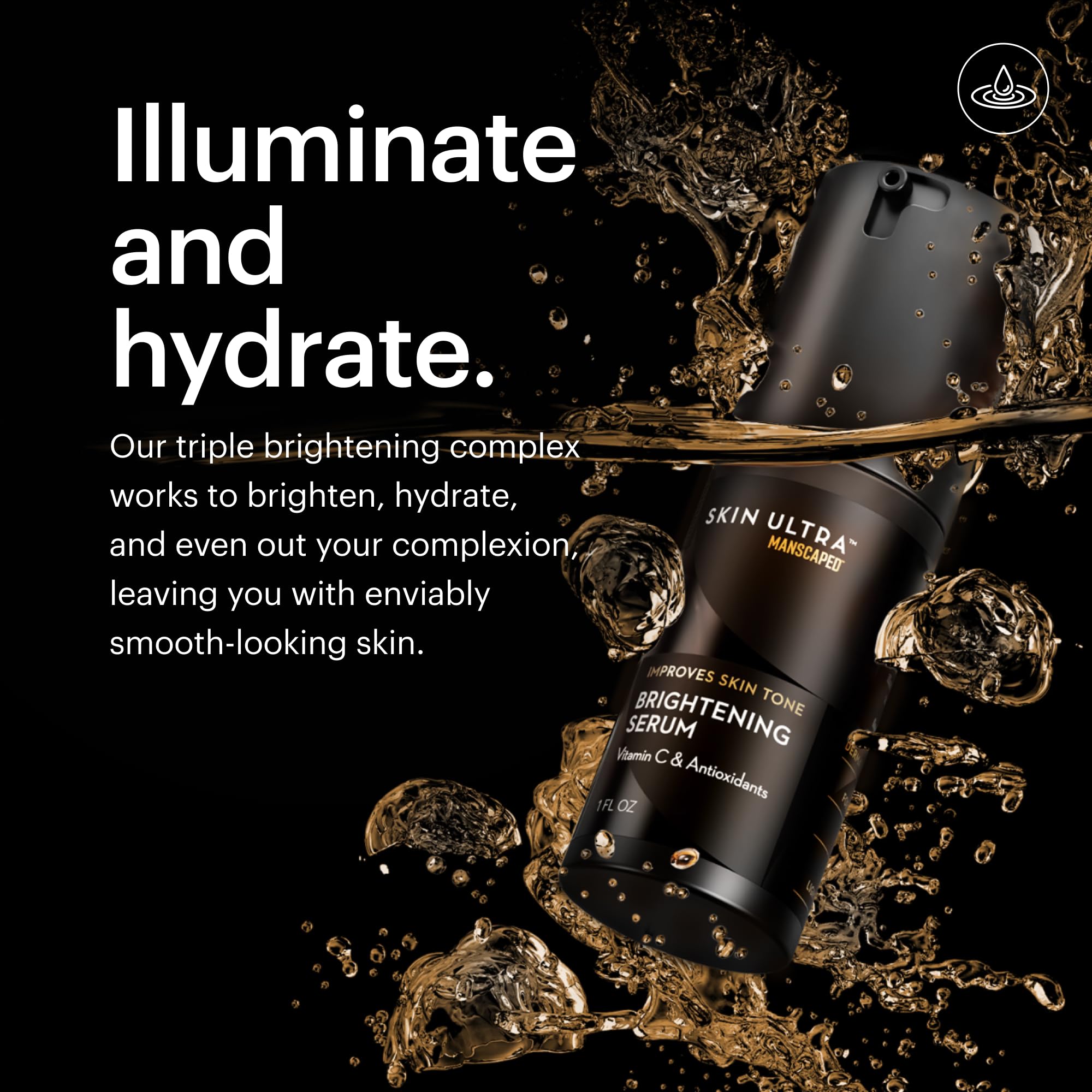 MANSCAPED Skin Ultra Brightening Serum ingredients closeup highlighting vitamin C, niacinamide, licorice root