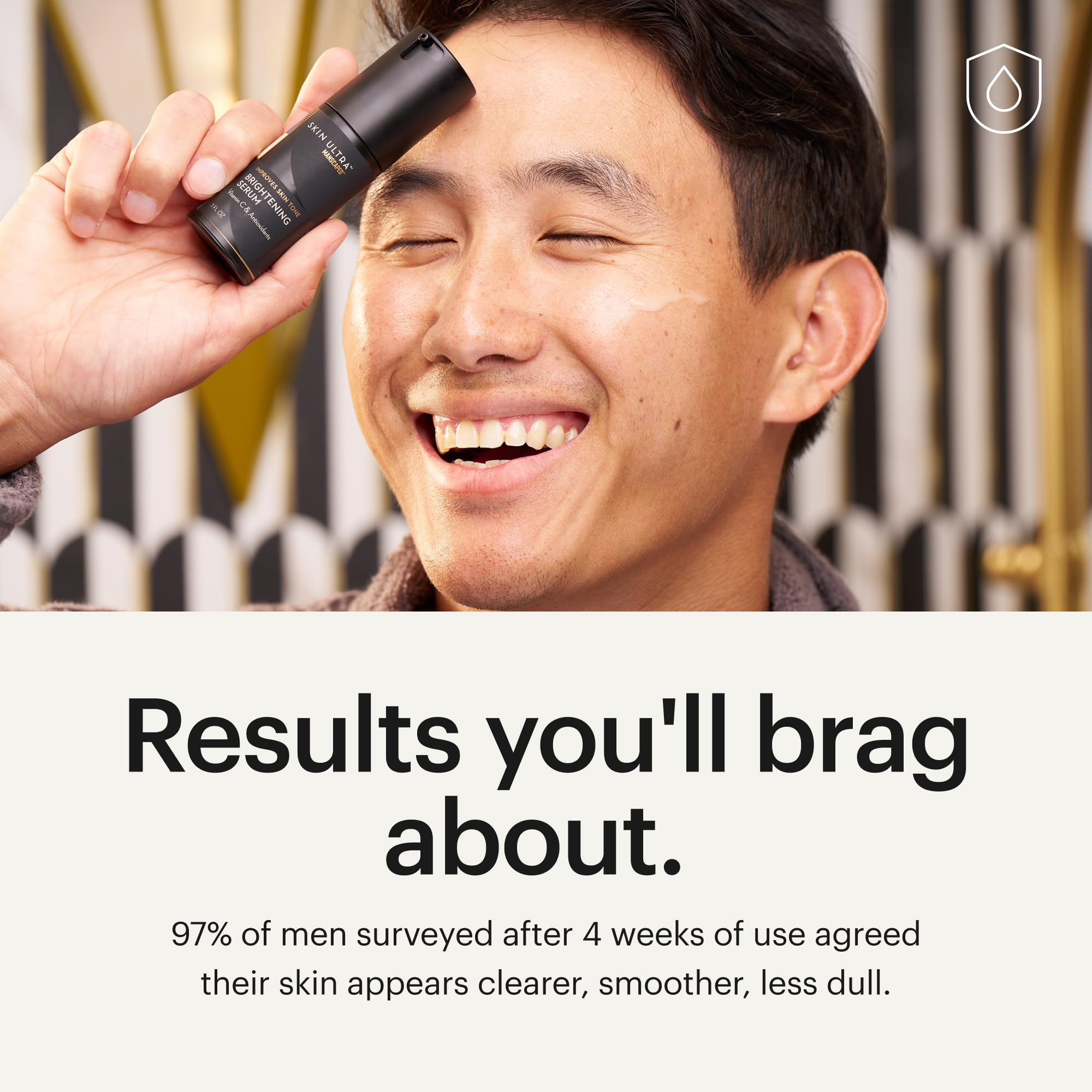 MANSCAPED Skin Ultra Brightening Serum packaging angled on vanity for daily routine