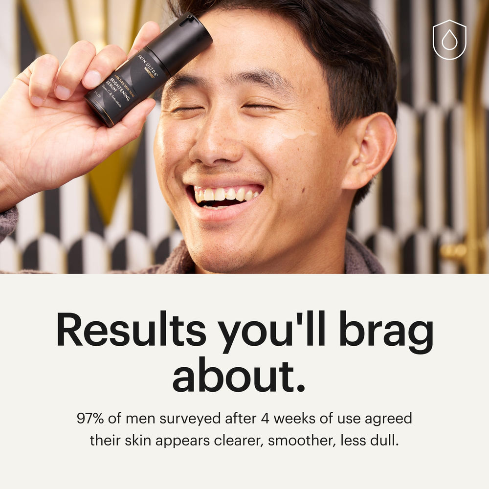 MANSCAPED Skin Ultra Brightening Serum packaging angled on vanity for daily routine