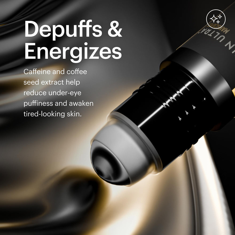 MANSCAPED Skin Ultra Eye Serum ingredient closeup emphasizes caffeine and algae extracts.
