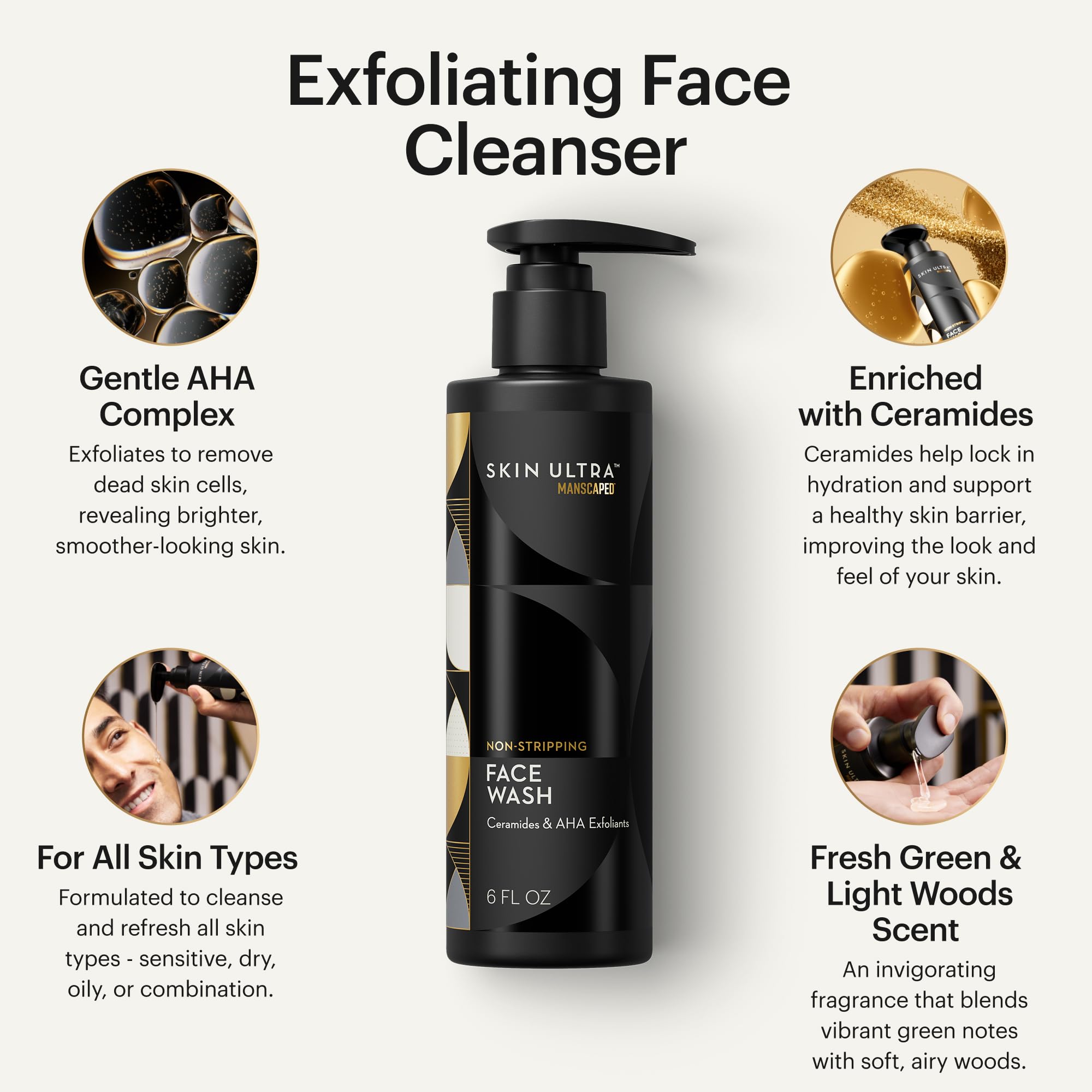 MANSCAPED Skin Ultra exfoliating face wash with mild AHA for brighter, smoother skin.