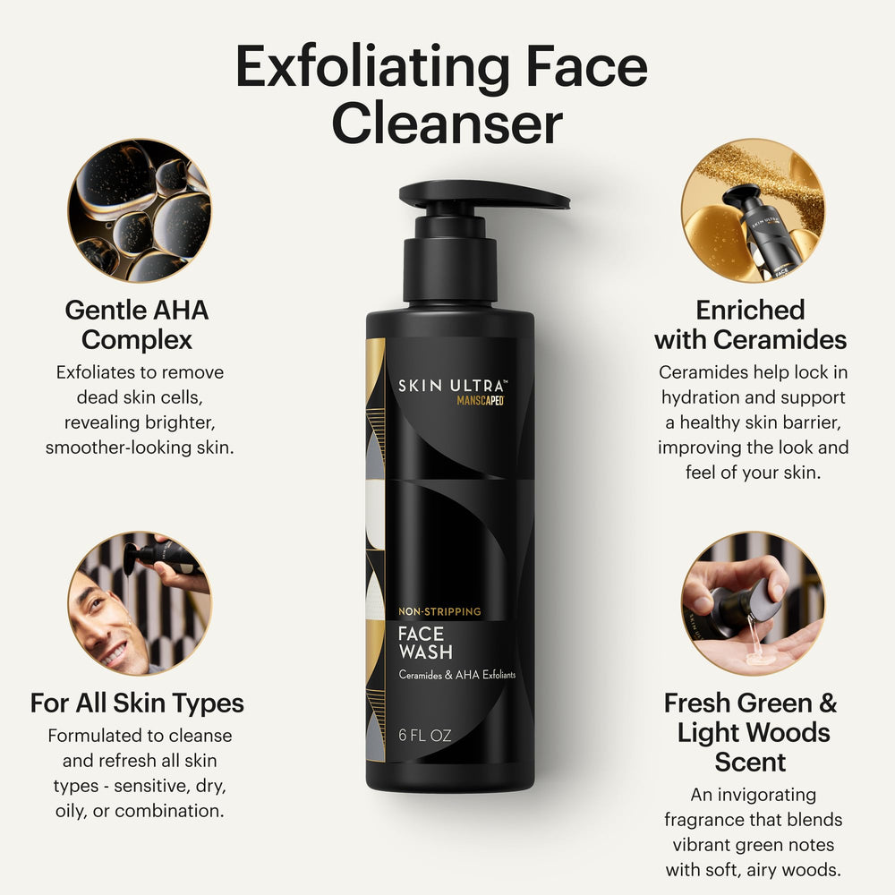 MANSCAPED Skin Ultra exfoliating face wash with mild AHA for brighter, smoother skin.