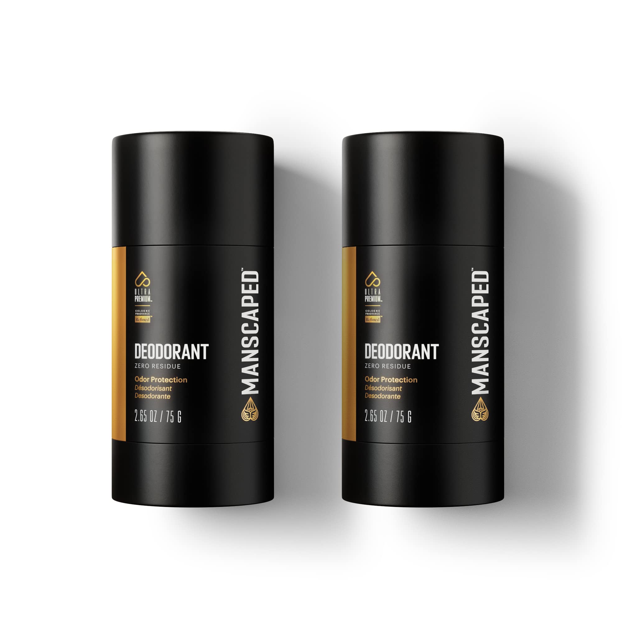 MANSCAPED UltraPremium deodorant two-pack front view highlighting aluminum-free clear formula for clothes-safe wear
