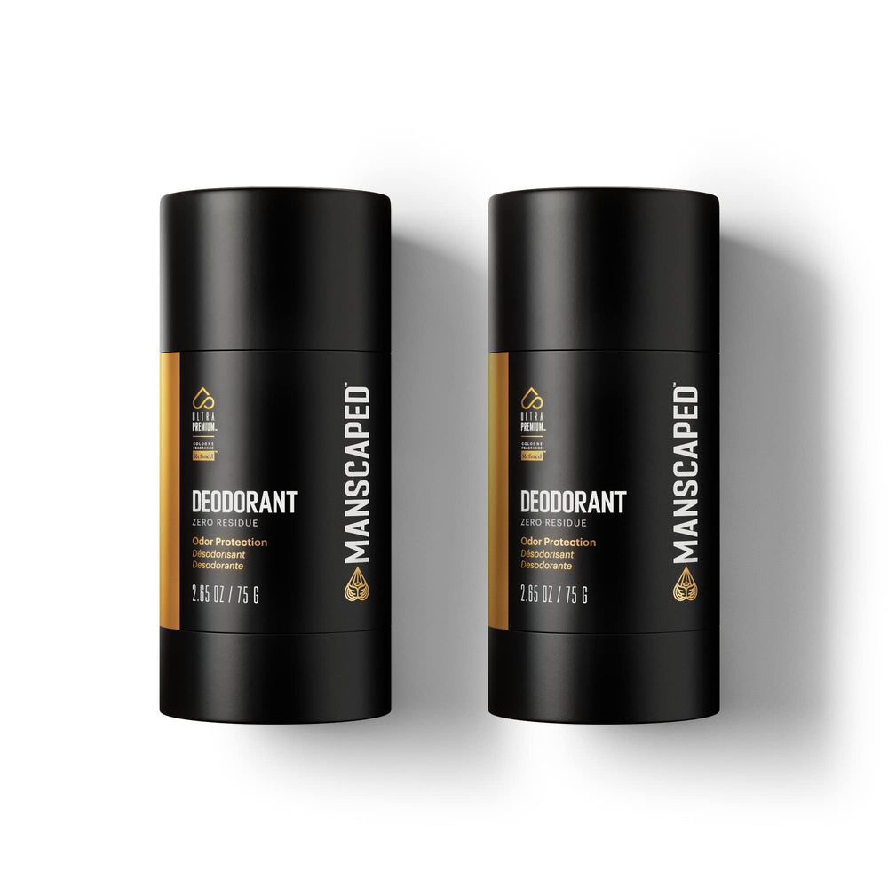 MANSCAPED UltraPremium deodorant two-pack front view highlighting aluminum-free clear formula for clothes-safe wear