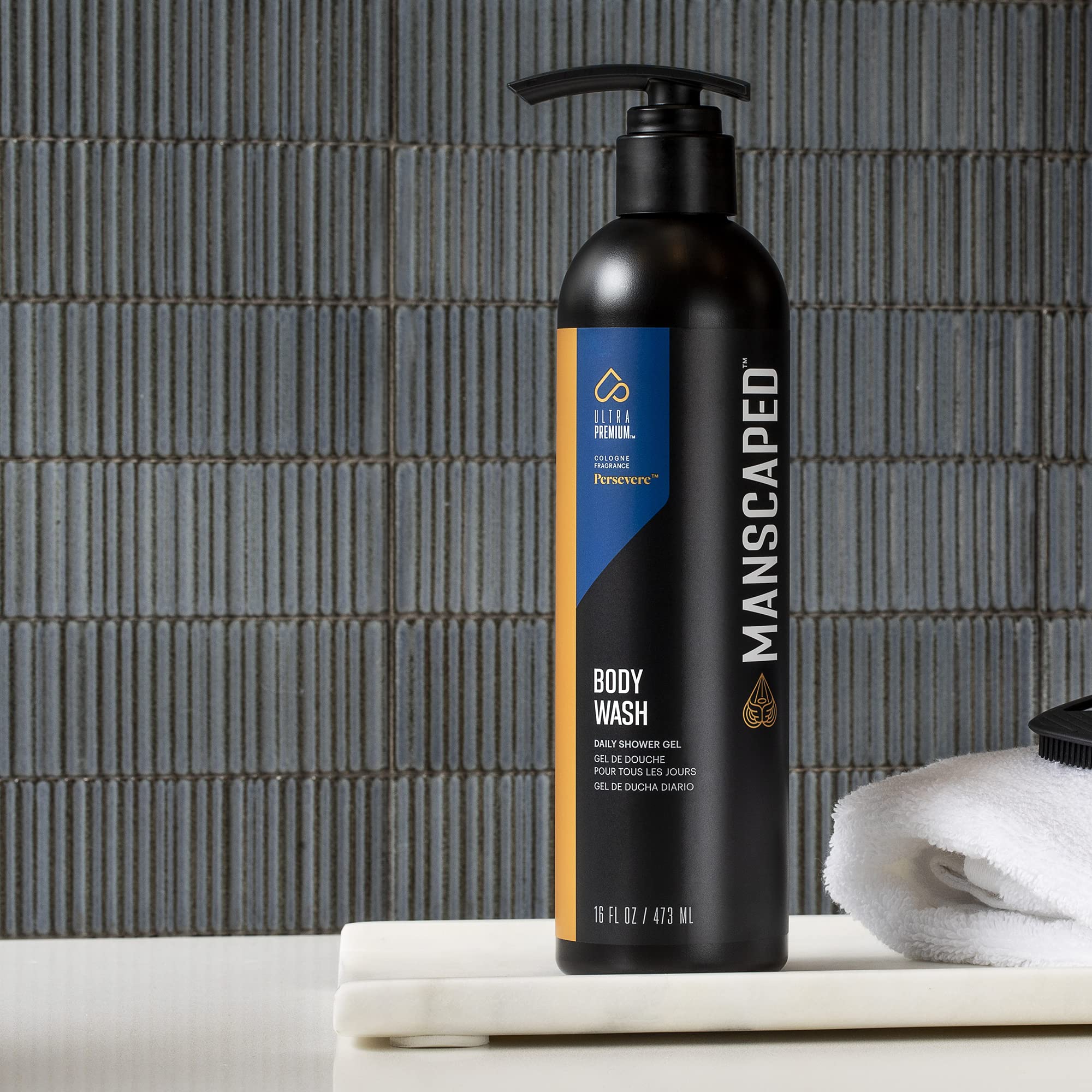 MANSCAPED Persevere in-shower shot illustrates easy, one-pump use during shower routine.