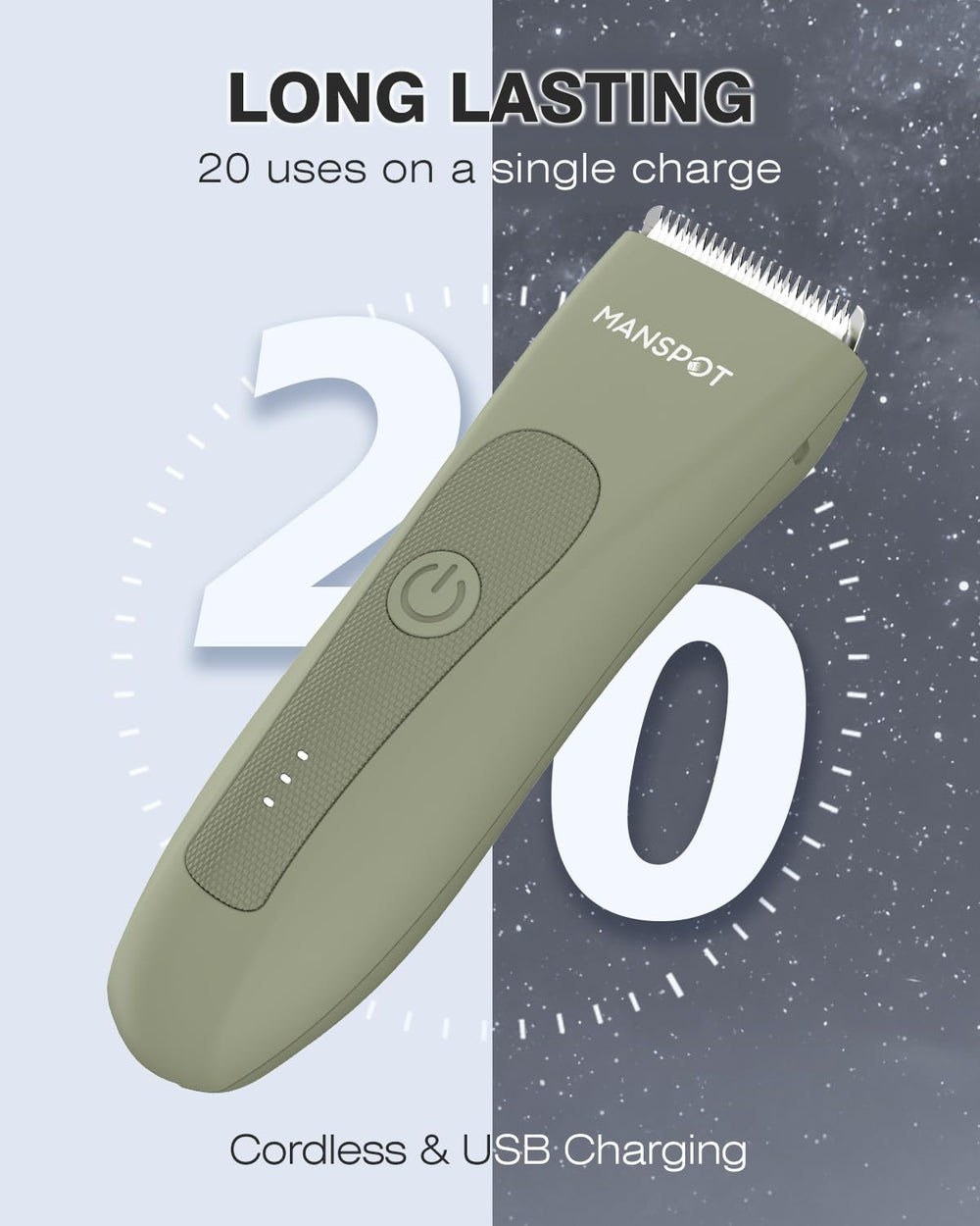 MANSPOT battery-powered trimmer offers up to 20 uses per charge.