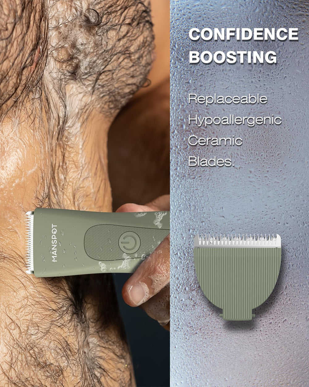 MANSPOT ceramic blade heads highlight irritation-free shaving for delicate areas.