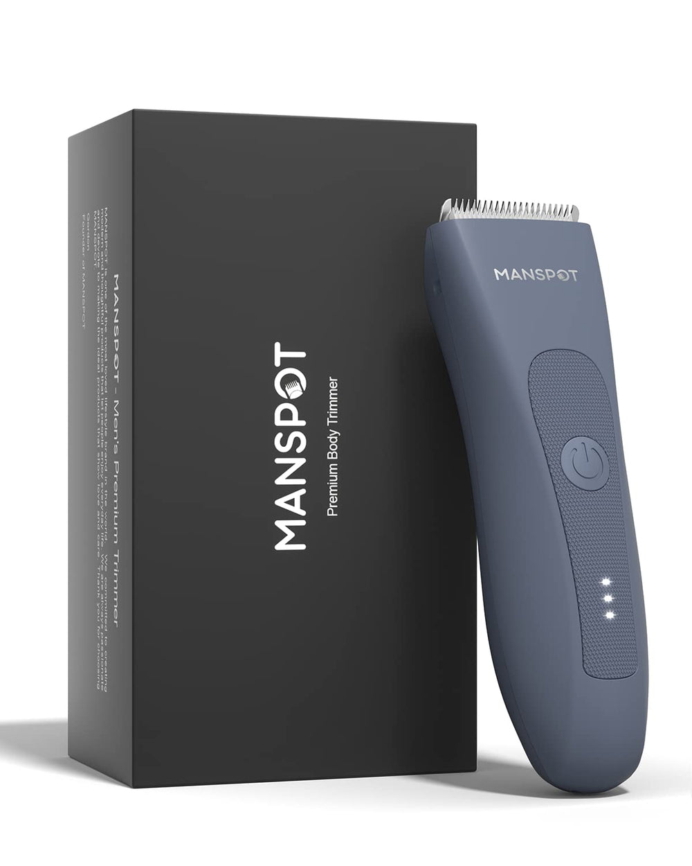MANSPOT electric groin hair trimmer front view highlights ergonomic grip for precise manscaping