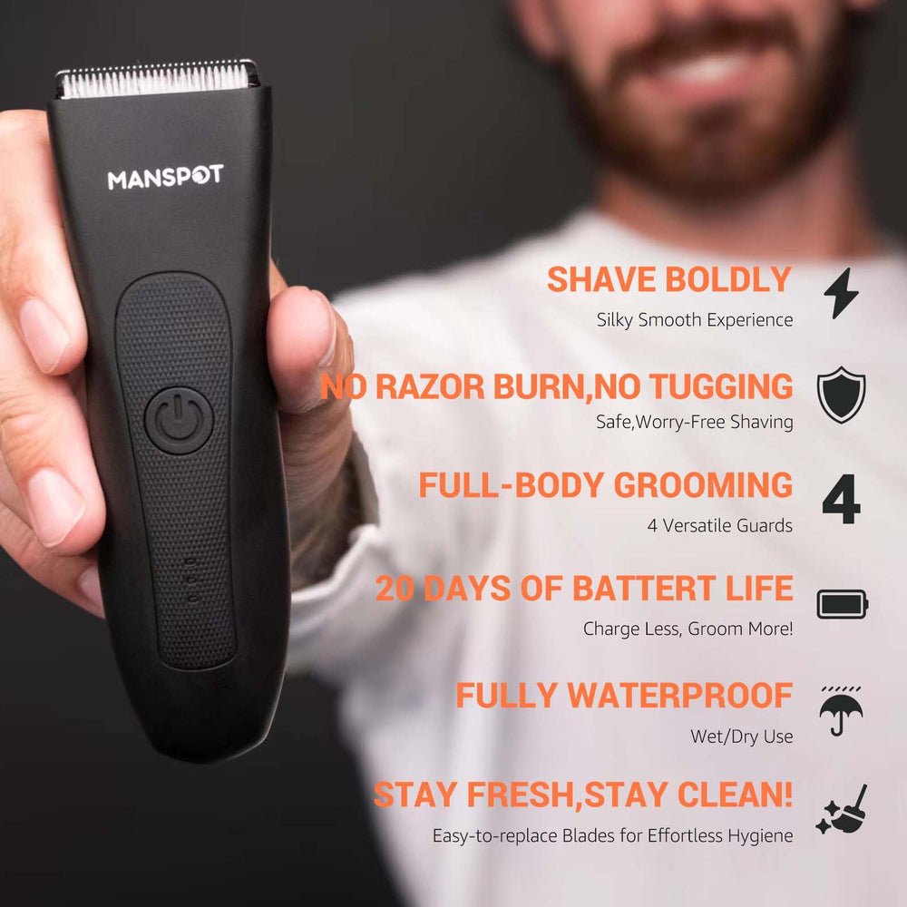 MANSPOT Groin Trimmer ceramic blade heads for safer trimming.