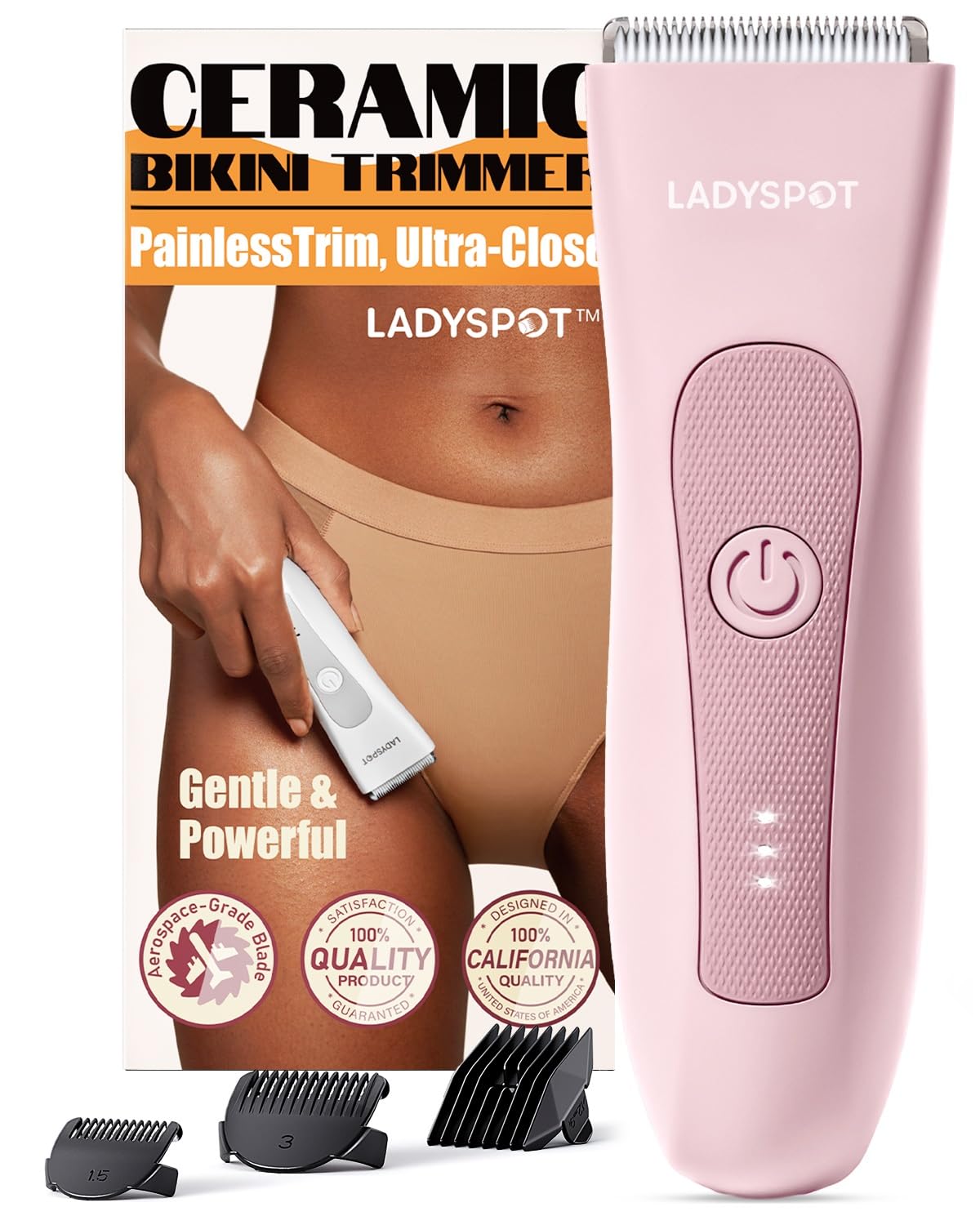 MANSPOT LADYSPOT trimmer front view in pink shows compact design and skin-protective features.