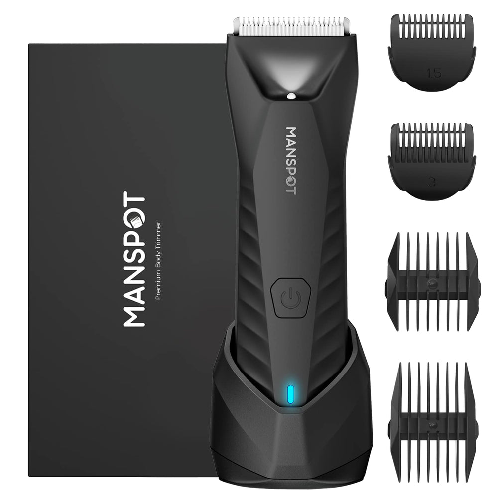 MANSPOT Manscape Trimmer in black with LED light for precise, comfortable grooming.
