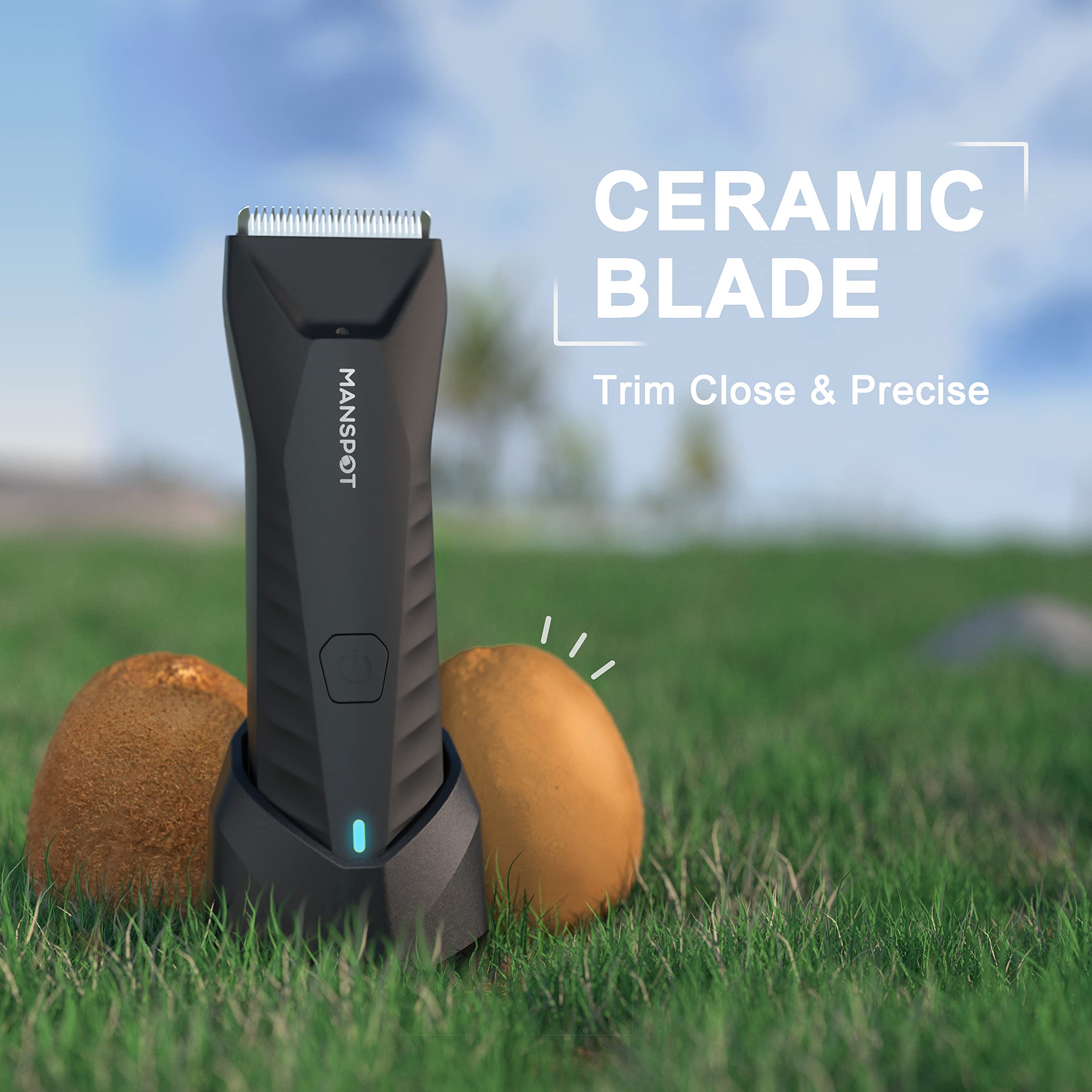MANSPOT Replaceable ceramic blades deliver close cuts for sensitive groin areas.