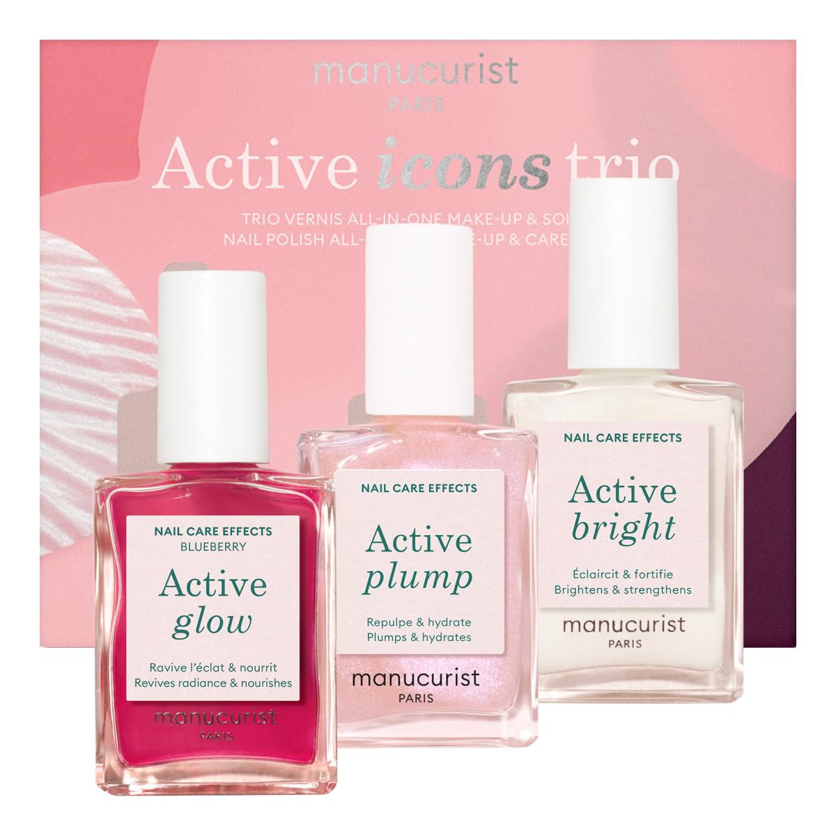 Manucurist Active Glow Blueberry bottle shows mirror-like shine with hydration.