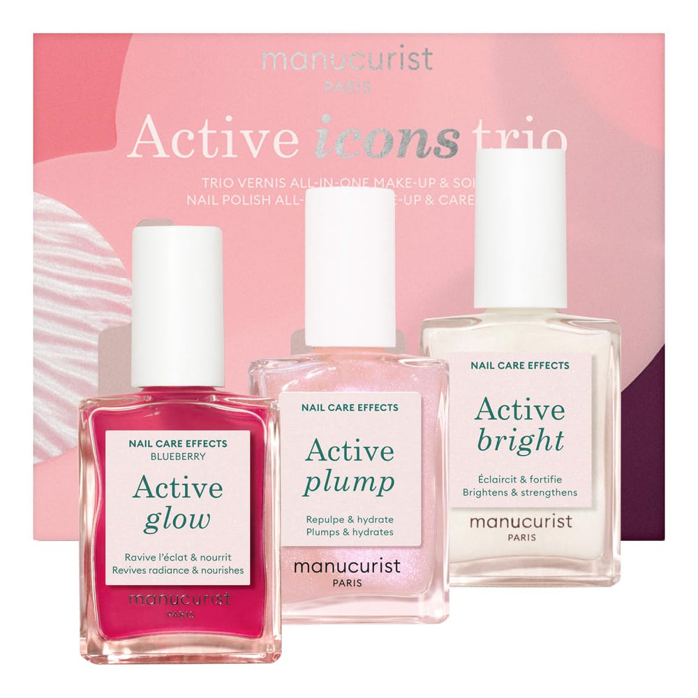 Manucurist Active Glow Blueberry bottle shows mirror-like shine with hydration.
