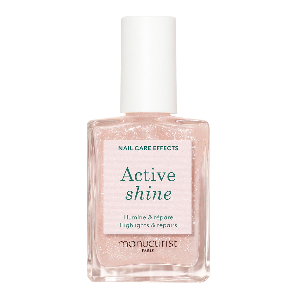 Manucurist Active Shine bottle closeup with ultra-shiny nude gel finish for instant gloss