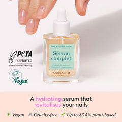 Manucurist Complete Serum fast-absorbing gel showing non-greasy finish.