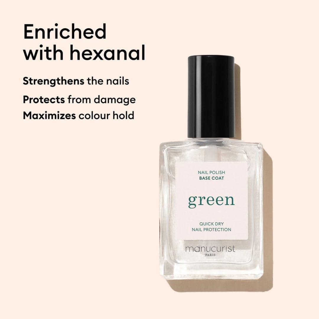 Manucurist Green Base Coat close-up showing pistachio resin for nail nourishment.