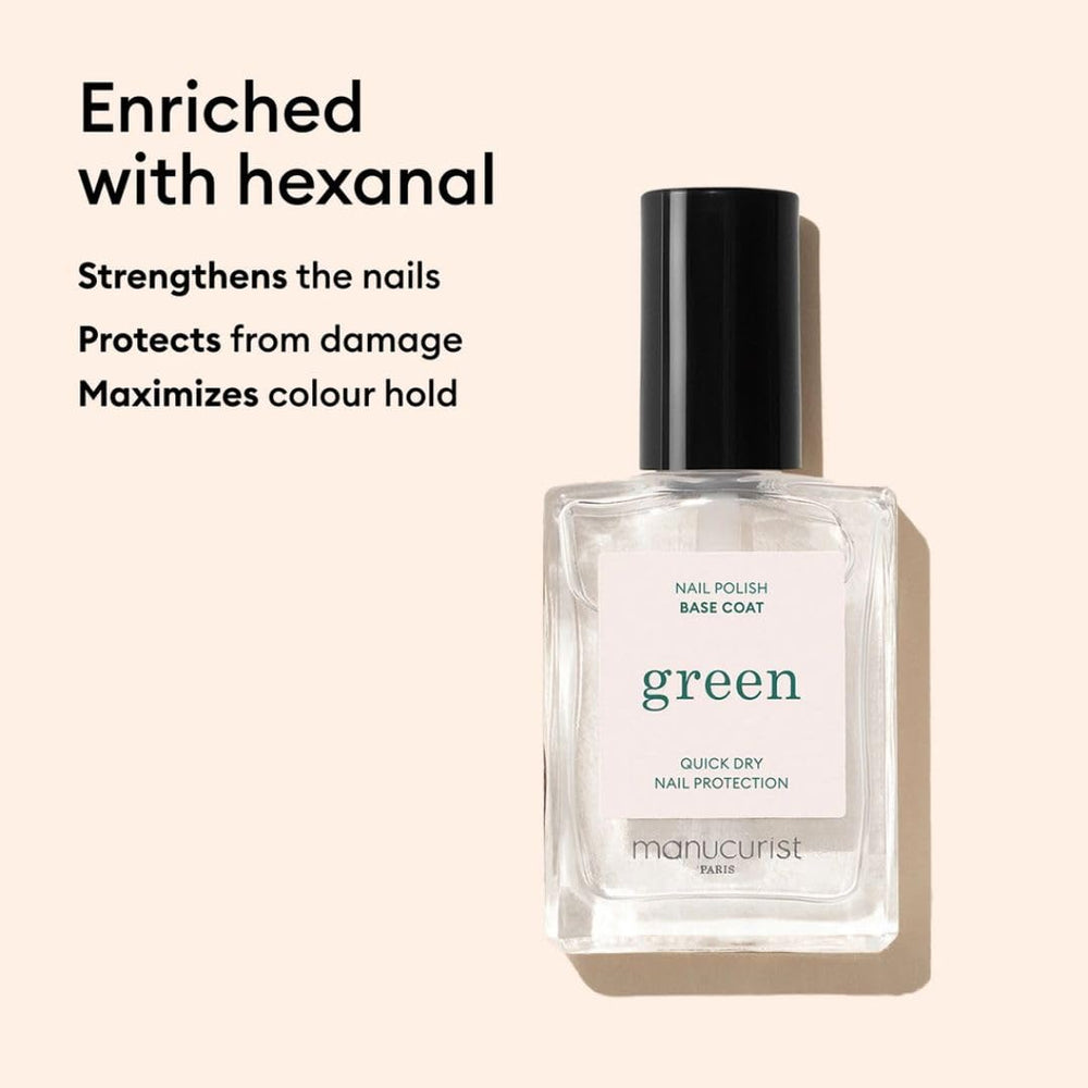 Manucurist Green Base Coat close-up showing pistachio resin for nail nourishment.