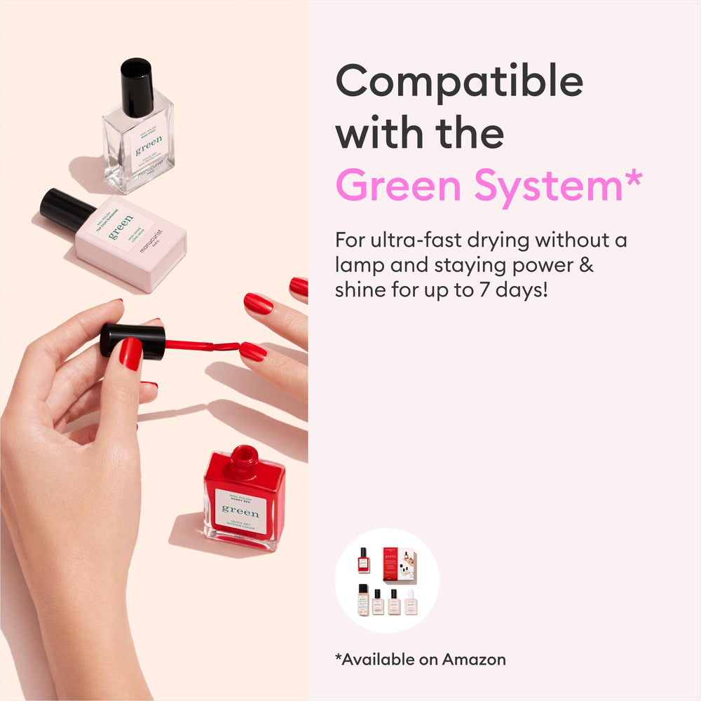 Manucurist Green Bohème bottle closeup emphasizes cruelty-free vegan nail care.