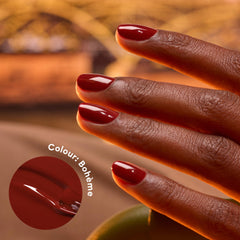 Manucurist Green Bohème swatches reveal a rich brownish red tone for everyday chic.