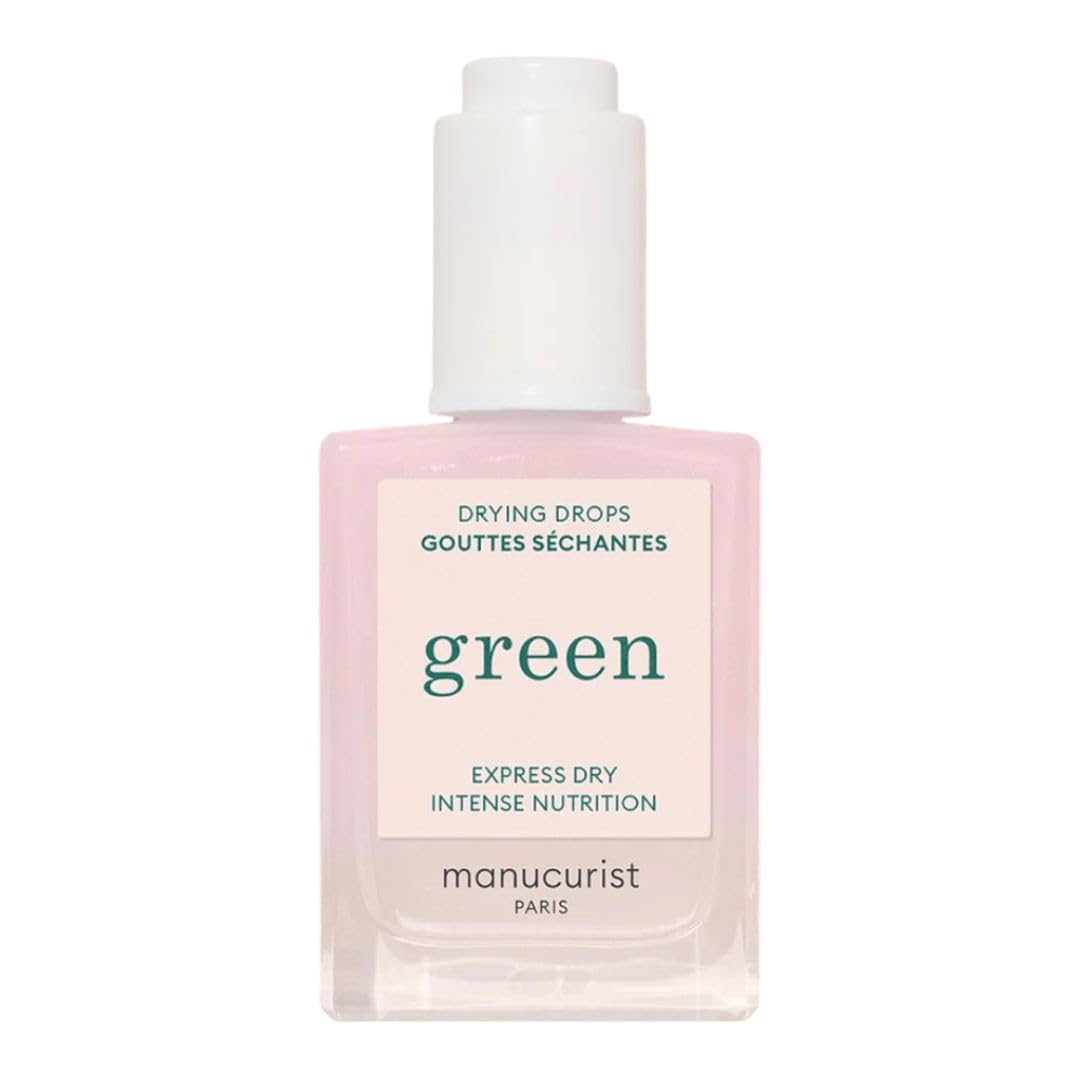 Manucurist Green Drying Drops bottle close-up showing quick-dry nails with ceramides