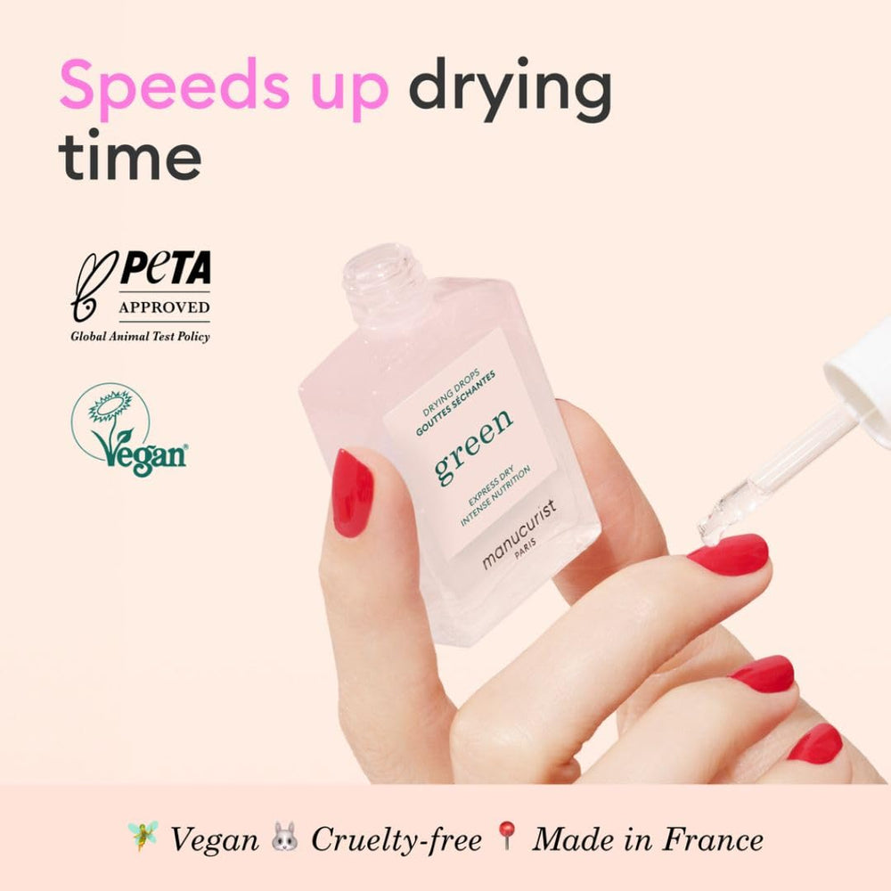 Manucurist Green Drying Drops application per nail demonstrates precise one-drop use